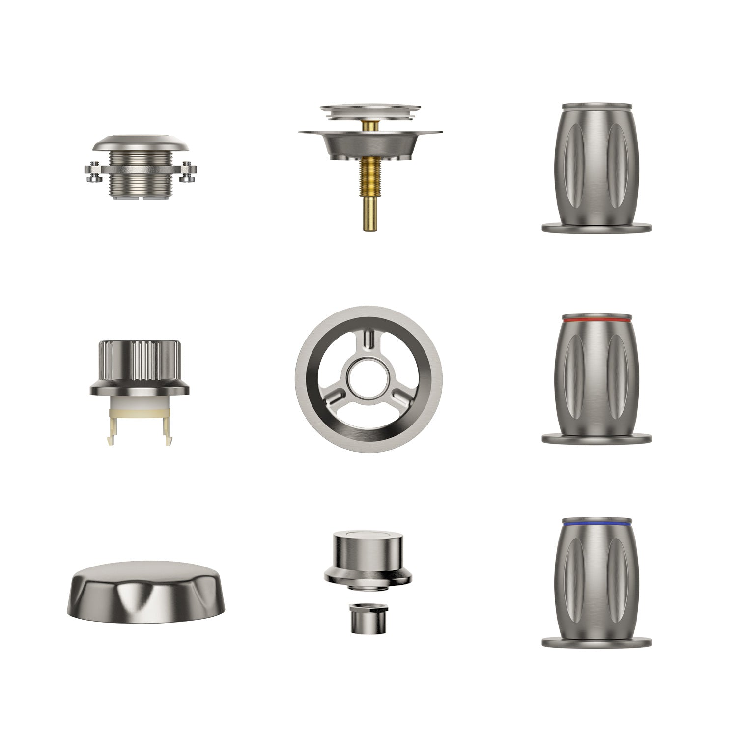 Image of various metal components laid out in a 3x3 grid. Parts include valves, threaded fittings, cylindrical connectors, a round disk, and other mechanical fittings from the Bathtub Faucet Fixtures for EMPV-71JT667B 2-Person Whirlpool Tub by Empava. The components are silver with a polished finish, some featuring colored indicators.