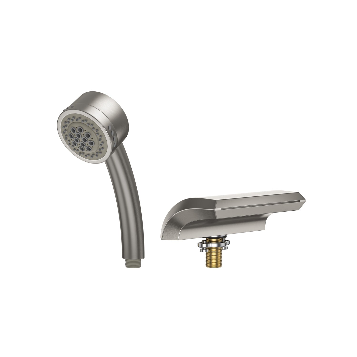 Image of the Bathtub Faucet Fixtures For EMPV-71JT667B 2-Person Whirlpool Tub in brushed nickel, featuring a handheld showerhead and matching spout. The showerhead boasts multiple spray nozzles, while the spout has a sleek, angular design with visible threading at the base for attachment. Both items appear modern and minimalist.