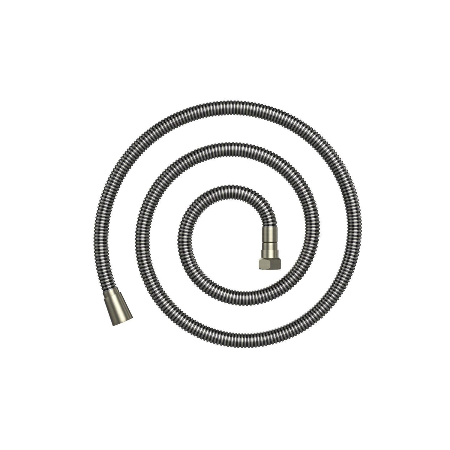 A coiled metallic shower hose with a flexible, spiraled design from Empava's Bathtub Faucet Fixtures for the EMPV-72JT367LED 2-Person Whirlpool Tub. One end features a threaded connector, and the other end has a conical connector, both in a sleek silver finish. The hose is neatly arranged in a circular pattern against a white background.