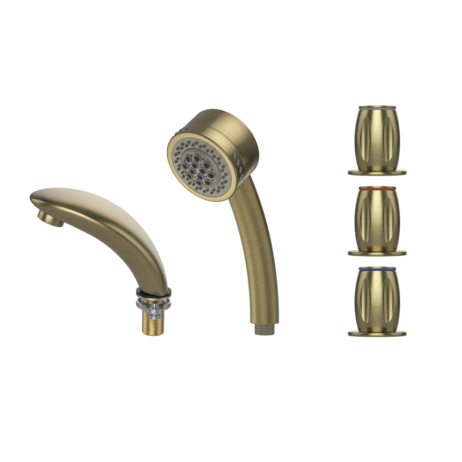 Discover the elegance of the EMPV-72JT367LED 2-Person Whirlpool Tub's bathtub faucet fixtures in a sleek bronze finish. The showerhead boasts a sophisticated curved handheld design, while the faucet arcs gracefully downward. Three matching knobs, accented in red, blue, and neutral colors, complete this refined ensemble.