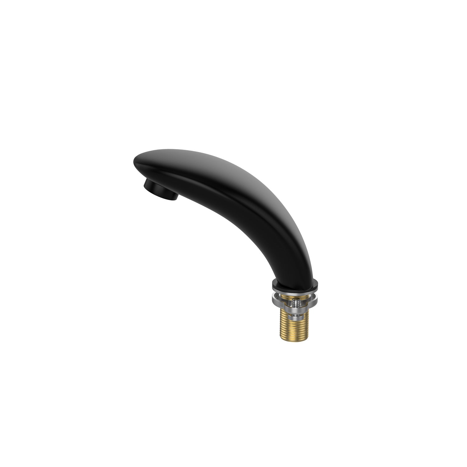 An Empava sleek, black gooseneck bathtub faucet fixture for the EMPV-72JT367LED 2-Person Whirlpool Tub is shown. It has a smooth, curved design and is attached to a brass connection fitting at its base. The faucet's modern look suggests it's suitable for both kitchen and bathroom use. The background is plain white.