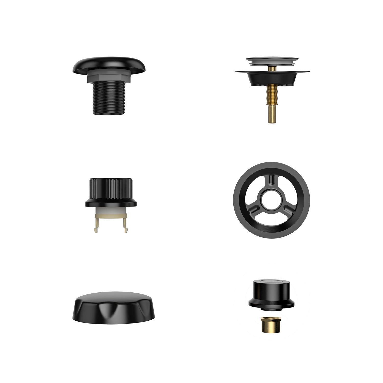 A set of six different black Bathtub Faucet Fixtures for the Empava 2-Person Whirlpool Tub, including various types of knobs, buttons, and connectors, arranged in two vertical columns against a white background. The Empava components feature metallic and plastic parts with varying shapes and sizes.