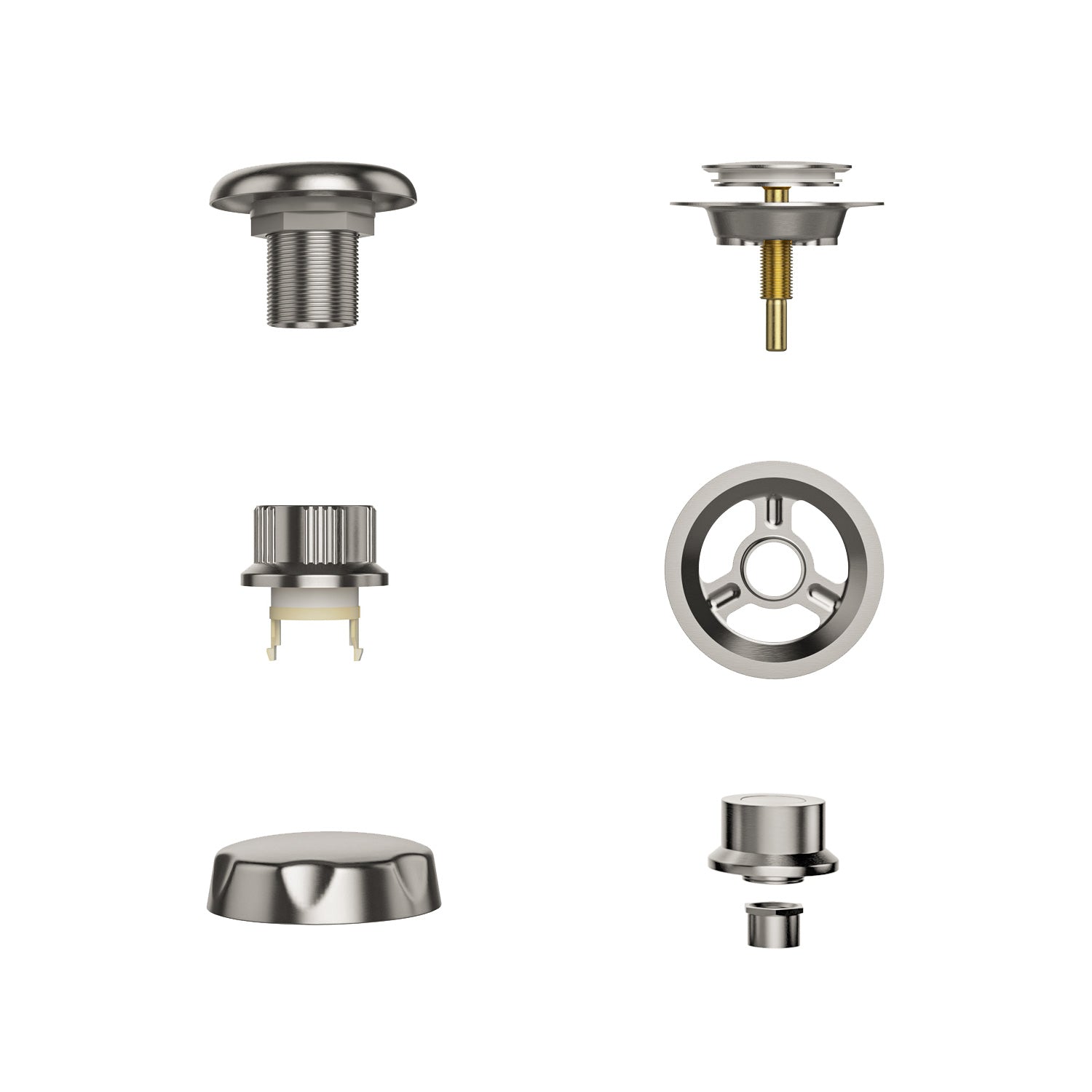 An array of six distinct metal components set against a white backdrop features threaded and unthreaded cylindrical pieces, a round plate with spokes, and other small mechanical fittings from the Bathtub Faucet Fixtures for EMPV-72JT367LED 2-Person Whirlpool Tub by Empava. Each part varies in size and shape.