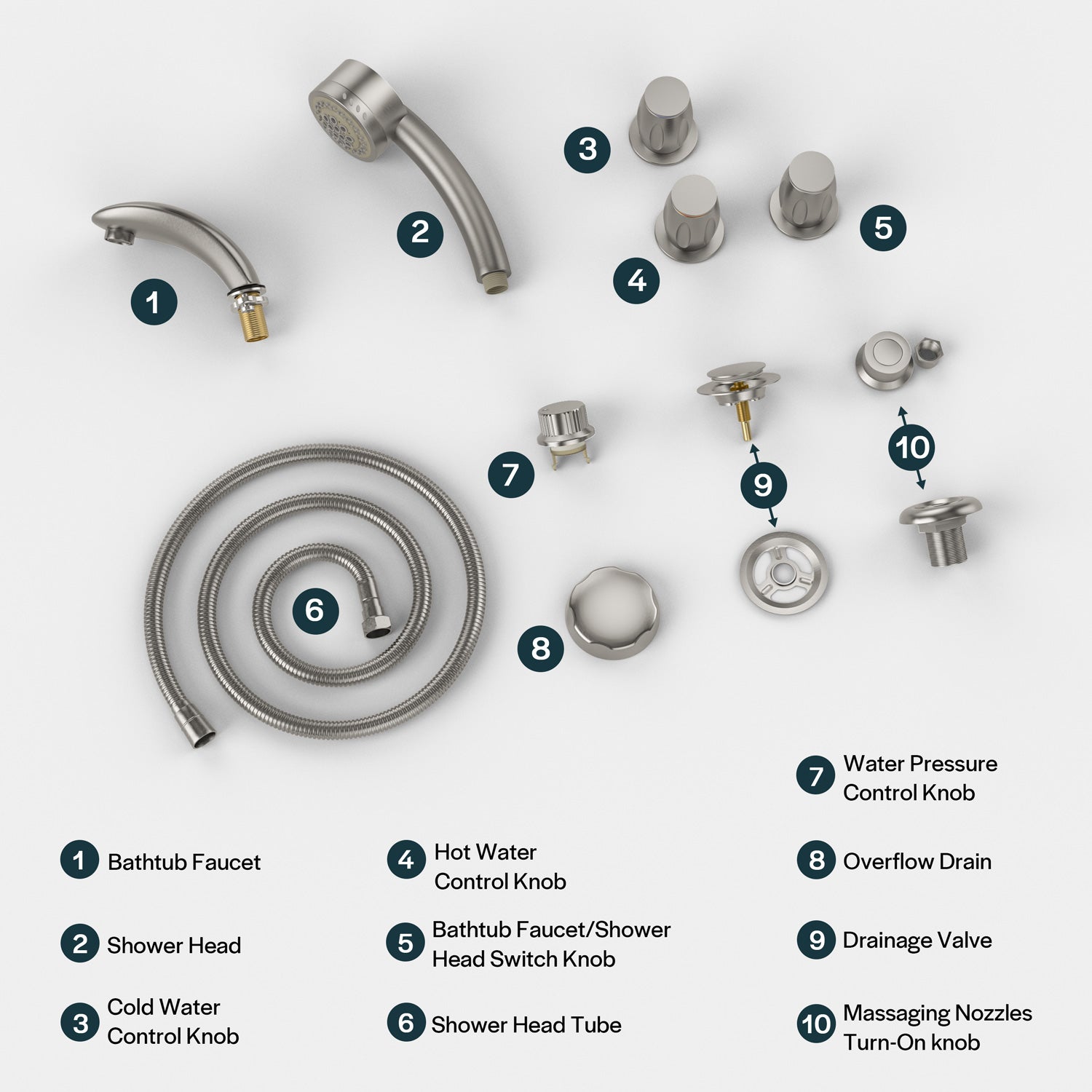 The image shows various components of the "Bathtub Faucet Fixtures For EMPV-72JT367LED 2-Person Whirlpool Tub," with labeled parts: 1 - Bathtub Faucet, 2 - Shower Head, 3 - Cold Water Control Knob, 4 - Hot Water Control Knob, 5 - Faucet/Shower Head Switch Knob, 6 - Shower Head Tube, 7 - Water Pressure Control Knob, and 8 - Overflow Drain.