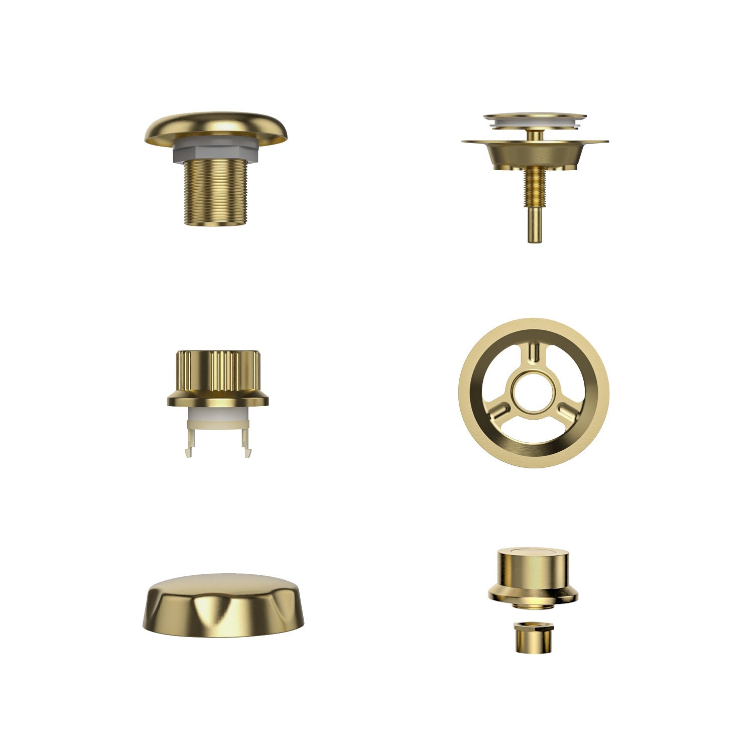 A set of six gold-tone Bathtub Faucet Fixtures for the EMPV-72JT367LED 2-Person Whirlpool Tub is displayed against a white background. The fixtures include various shapes and sizes, such as threaded components, cylindrical pieces, and circular rings, indicating they are used in some kind of assembly or machinery related to the tub.