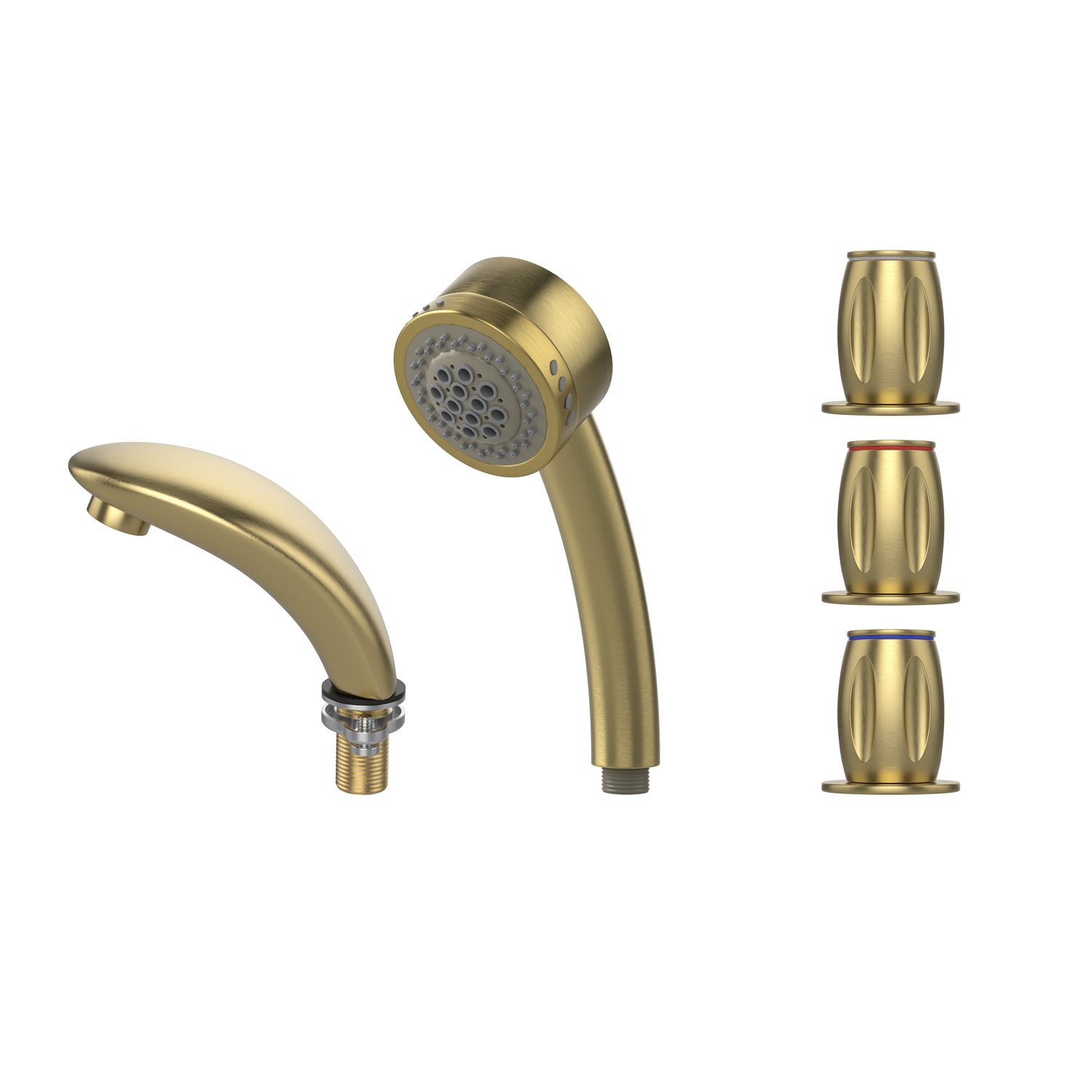 Brushed gold-toned Empava bathtub faucet fixtures for the EMPV-72JT367LED 2-Person Whirlpool Tub, featuring a handheld shower head, a bathtub faucet, and three knobs with colored rings (red, blue, and black) for hot, cold, and mixed water control, set against a white background.