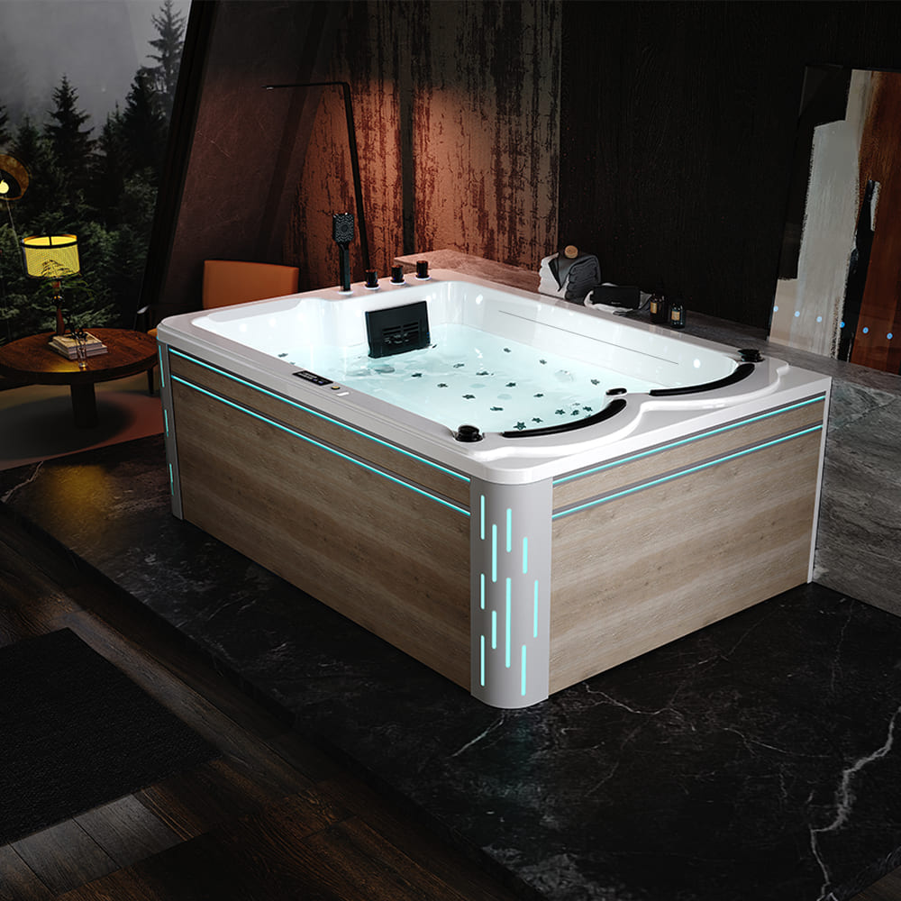 The 75-inch Freestanding Luxury Thermostatic Tub by Empava defines modern elegance in a dimly lit room. Its sleek wood paneling and glowing blue LED lights create a mesmerizing ambiance. The water is crystal clear, purified by advanced ozone disinfection, with visible jets enhancing the experience. The setting is completed by dark wood and stone finishes, offering a glimpse of a cozy, illuminated seating area nearby.