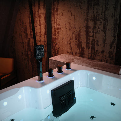 The 75 in. Freestanding Luxury Thermostatic 2-Person Rectangle LED Tub With Right Drain from Empava boasts a contemporary interior design, equipped with built-in LED lights, a stylish handheld showerhead, and three circular water control knobs. This pet-friendly massage tub offers ozone disinfection and is complemented by a textured wall with warm, ambient lighting, ensuring a pristine and relaxing experience for all.