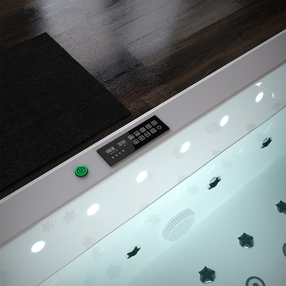 A close-up view of the Empava 75 in. Freestanding Luxury Thermostatic 2-Person Rectangle LED Tub With Right Drain reveals its modern, pet-friendly design with a digital control panel and a large green power button. The water is clear, jets are visible, and the changeable filter ensures cleanliness. The edge of a dark mat lies on a wooden floor adjacent to the tub.