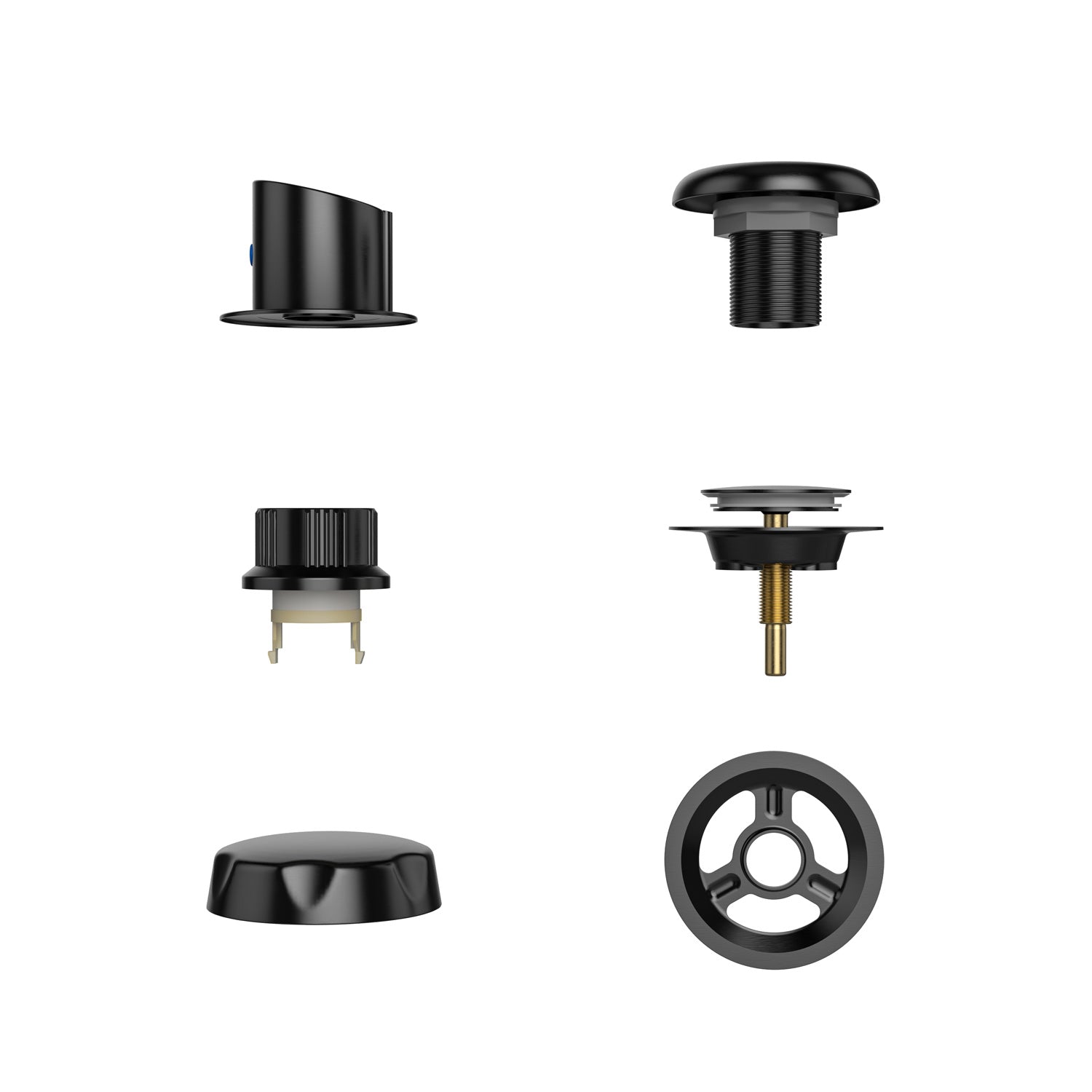 A showcase of six black, metallic Bathtub Faucet Fixtures for the EMPV-59JT319LED Corner Tub by Empava displayed against a white background. The fixtures include knobs, a threaded plug, a circular cap, and a circular base with three openings.