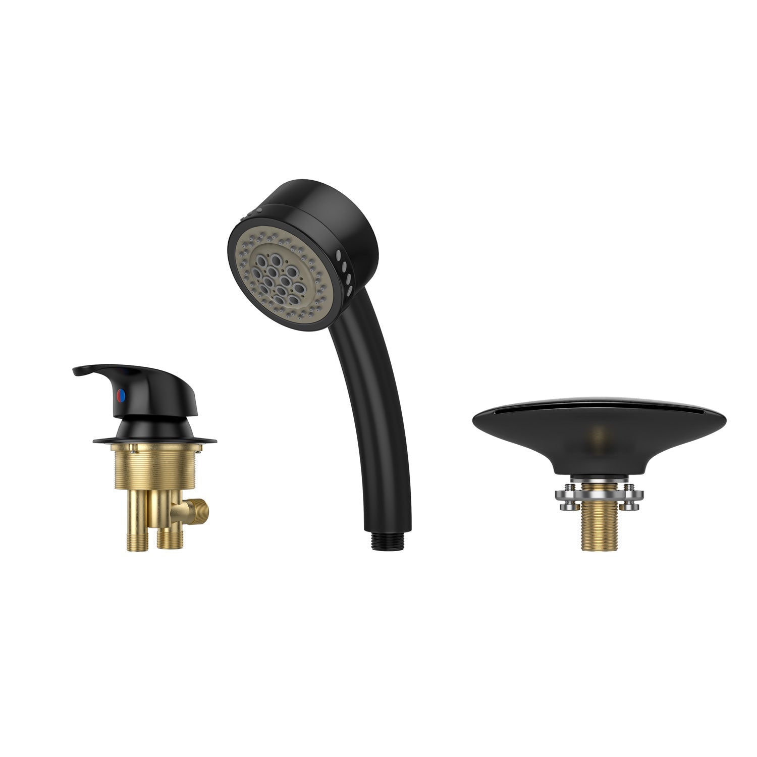 Image of the Bathtub Faucet Fixtures For EMPV-59JT319LED Corner Tub in glossy black. On the left is a brass faucet valve with a single black handle. In the center is a black handheld showerhead with a hose connection. On the right is a brass and black showerhead mount.