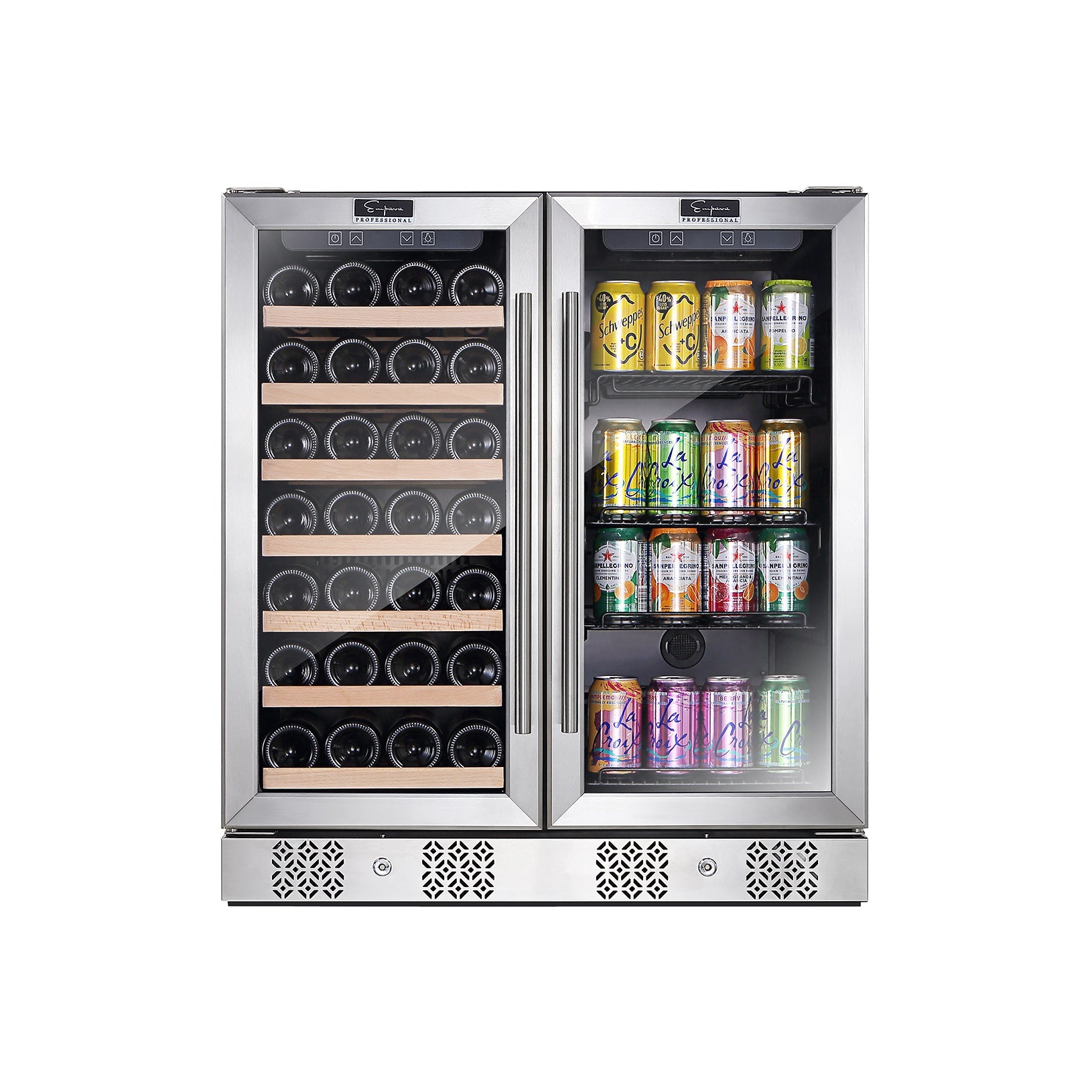 The Empava Dual Zone Wine & Beverage Cooler Fridge is crafted from reinforced stainless steel, featuring dual zones for optimal cooling. The glass doors elegantly showcase wine bottles on the left and assorted cans on the right. Each door is equipped with a digital temperature display above it, and air vents are located at the bottom for efficient airflow.