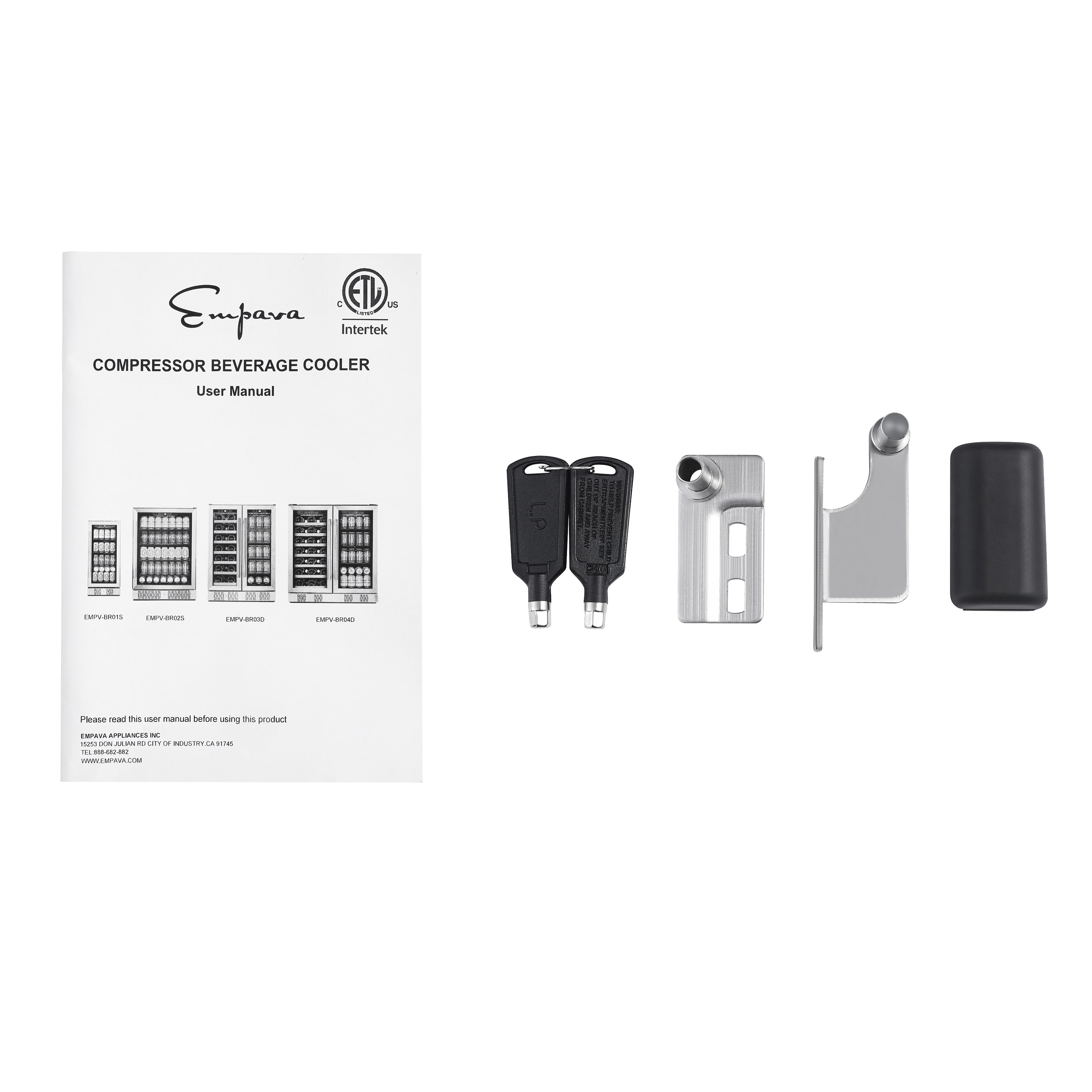 An image showcases the contents of an Empava Dual Zone Wine & Beverage Cooler Fridge accessory kit, ideal for your wine and beverage fridge. The kit includes a user manual with text and diagrams, two black keys, a metal lock mechanism, and a black plastic cover. The user manual is labeled with the brand "Empava.