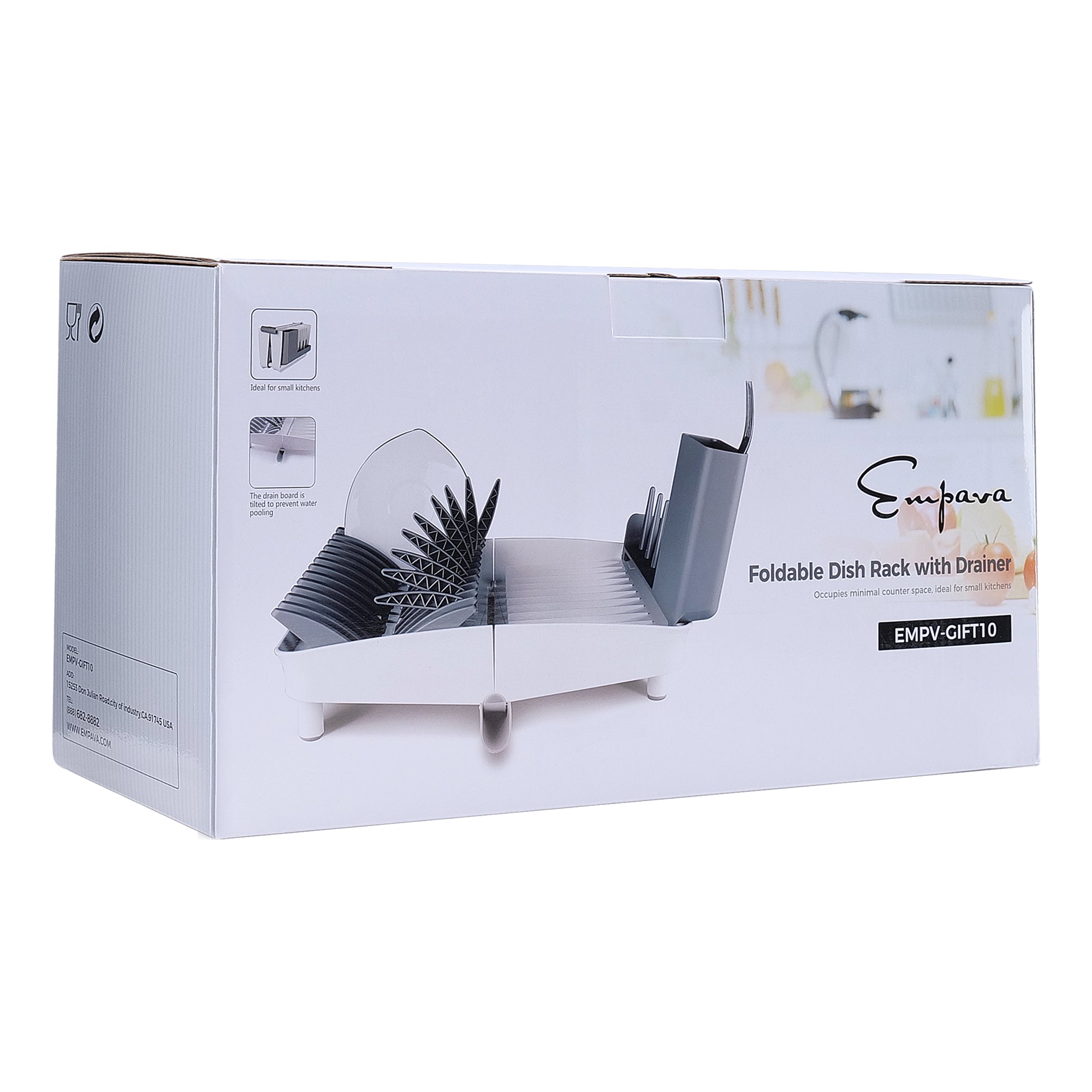 A product box for the Empava Folding Dish Rack With Drainboard Set, model EMPV-GIFT10. The box features an image of the dish rack, which is shown holding multiple plates and utensils. The box is white with product information and branding on the front.