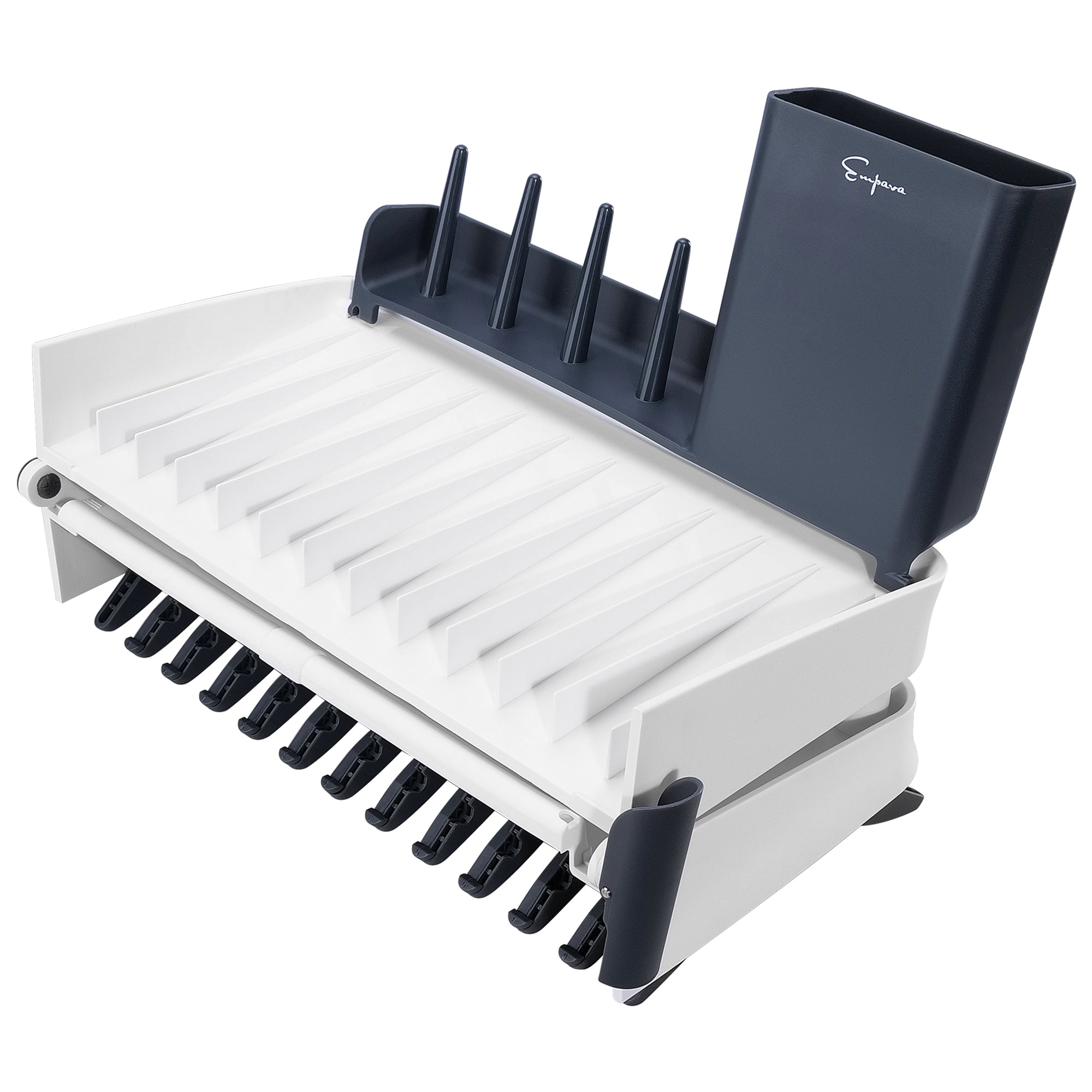 An image of the Empava Folding Dish Rack With Drainboard Set EMPV-GIFT10, featuring a white and dark blue color scheme, multiple slots for plates, and a compartment for utensils. The rack includes adjustable pegs and a drainage spout for excess water. The brand logo is clearly visible on the utensil compartment.