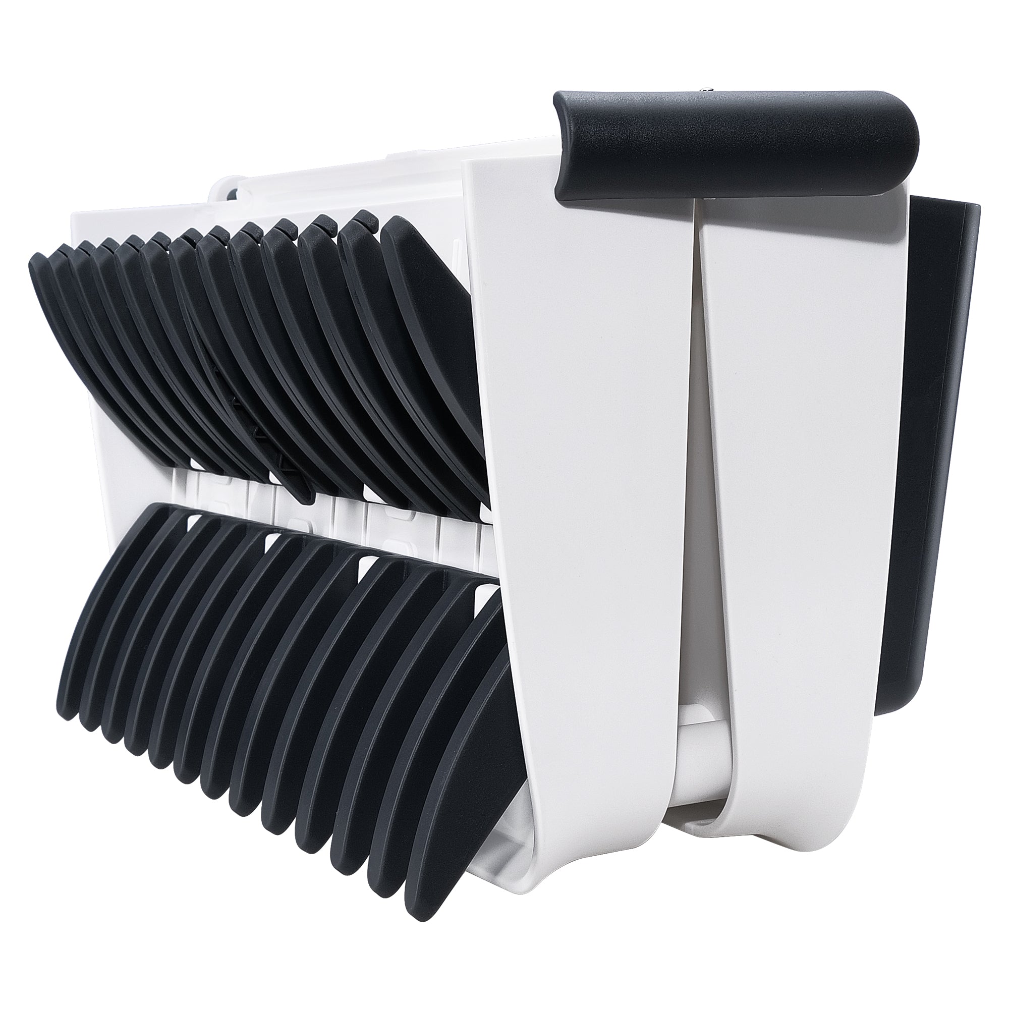 Introducing the Empava Folding Dish Rack With Drainboard Set EMPV-GIFT10, a modern and sleek storage solution made from white plastic. It features multiple black horizontal slots perfect for holding items such as lids or plates, and includes a convenient handle at the end for easy carrying or repositioning.