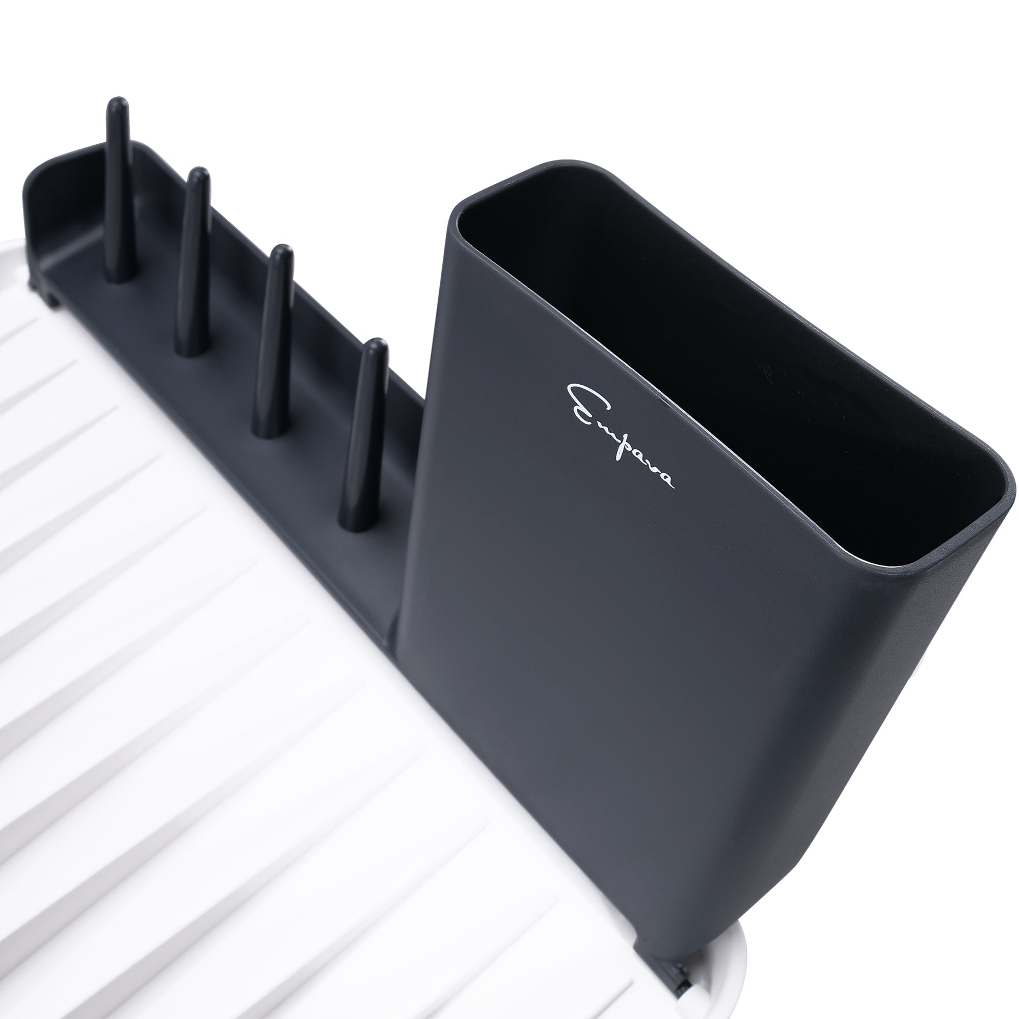 A close-up image of an Empava Folding Dish Rack With Drainboard Set (model EMPV-GIFT10) in black, featuring multiple prongs on one side and a tall utensil holder on the other. The brand name "Empura" is printed in white on the utensil holder, and the rack has a slatted base for drainage.