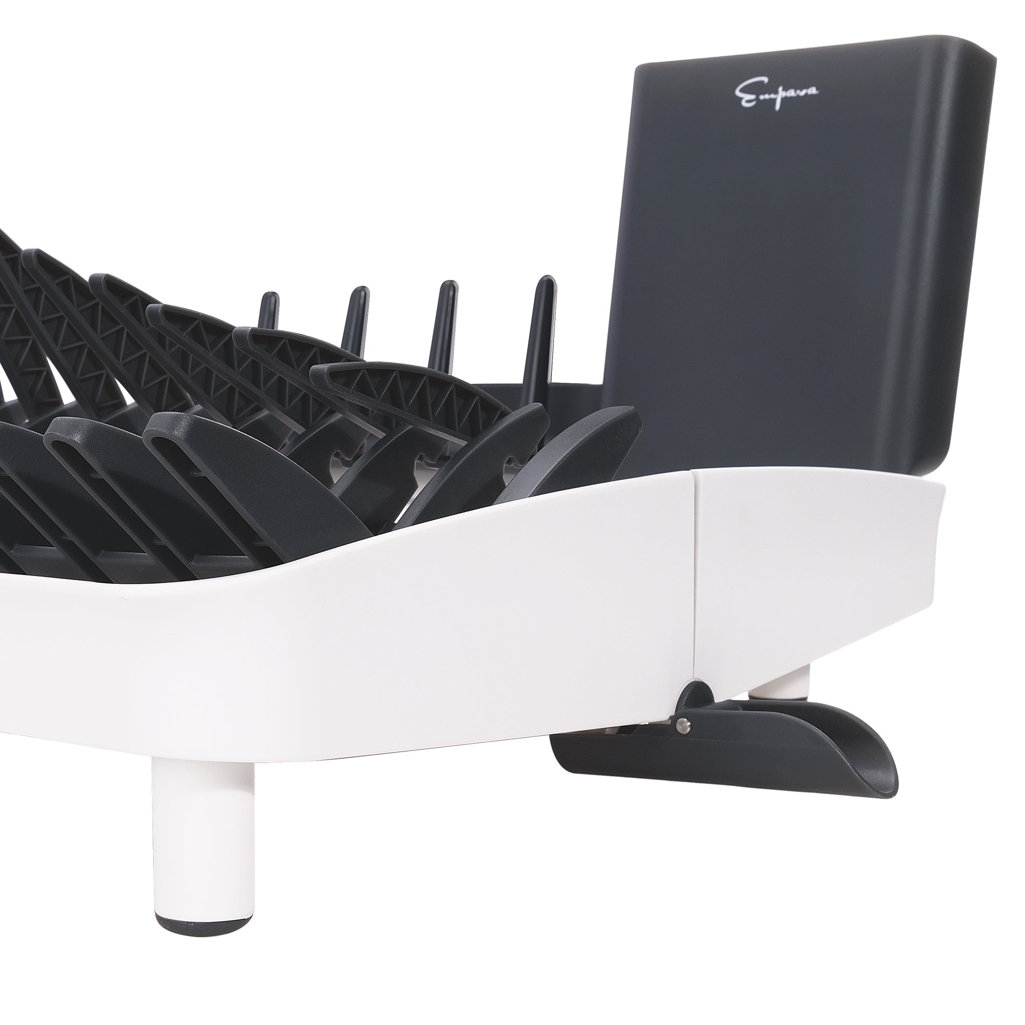 A close-up view of a white Empava Folding Dish Rack With Drainboard Set EMPV-GIFT10, featuring black elements and a dedicated black headrest section. The rack includes a mechanical lifting mechanism with several black components arranged in rows for support and elevation. The brand name "Ergofurn" is prominently visible on the headrest.