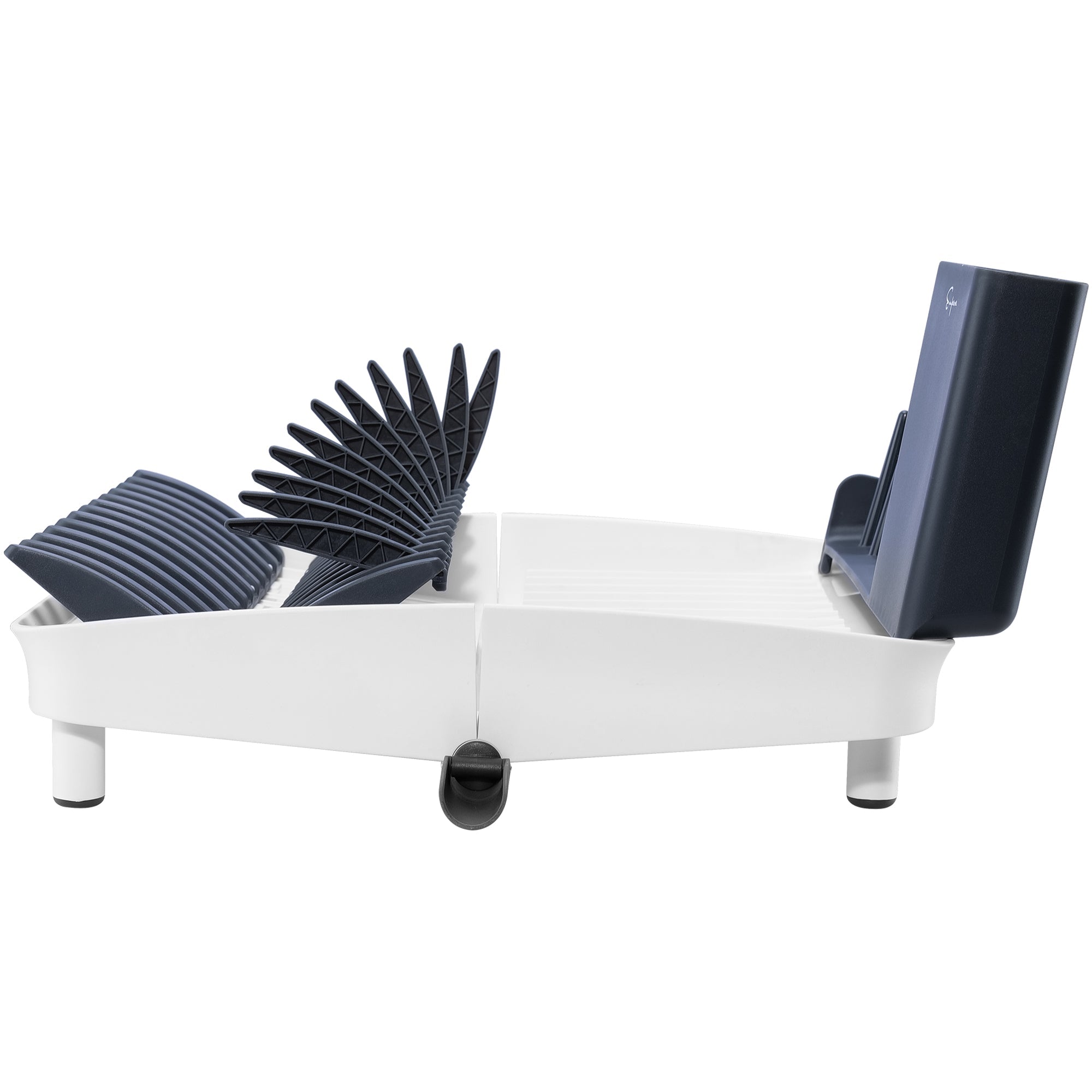 The Empava Folding Dish Rack With Drainboard Set EMPV-GIFT10 is a white dish drying rack accented with dark blue details. It includes standing prongs on the left side for plates and a section on the right for utensils. The rack also features a central spout for water drainage and white legs that provide elevation.