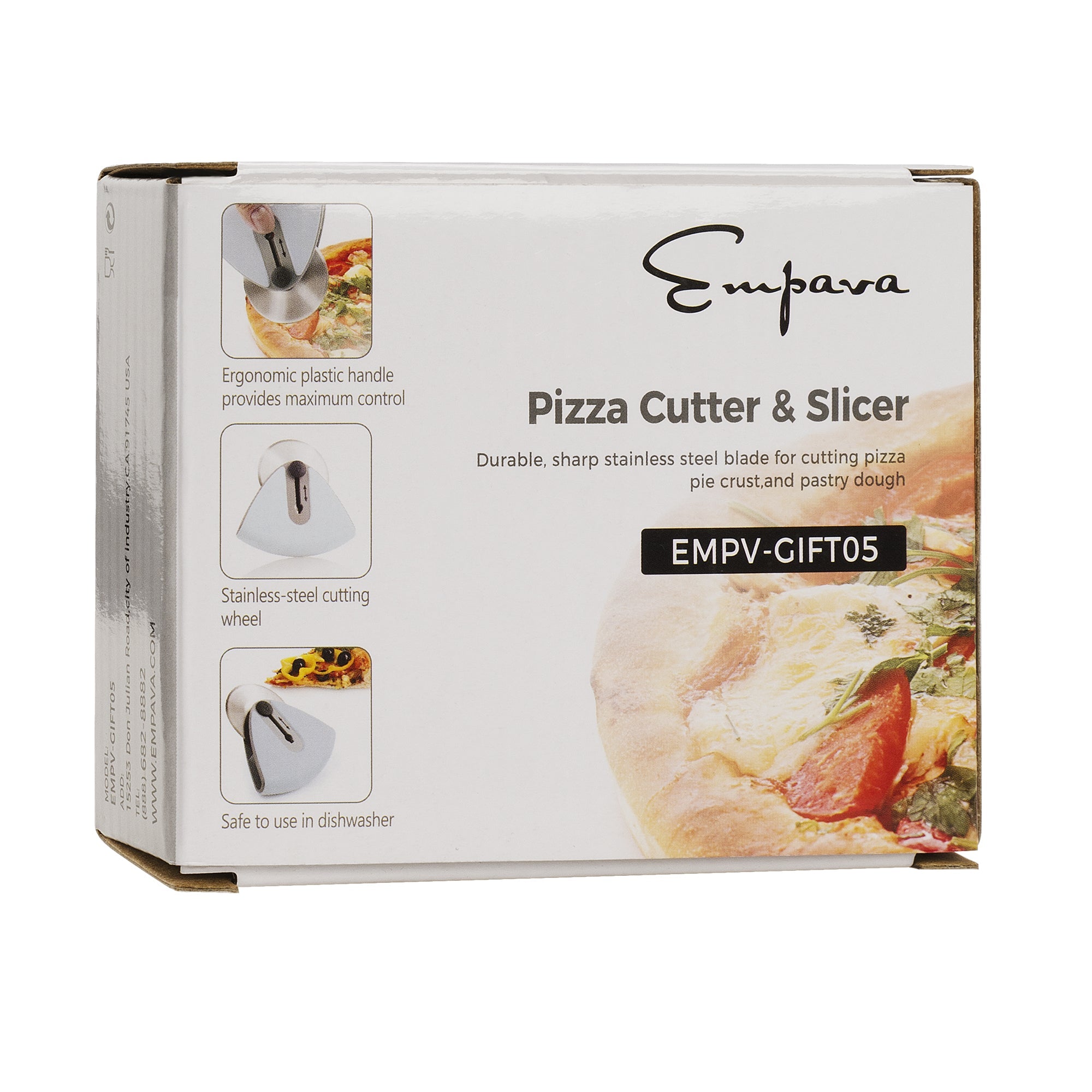 The image shows a product box for an Empava Food Grade Stainless Steel Pizza Cutter, model EMPV-GIFT05. The images on the box highlight an ergonomic plastic handle, a durable stainless-steel cutting wheel, and state that it is dishwasher safe.