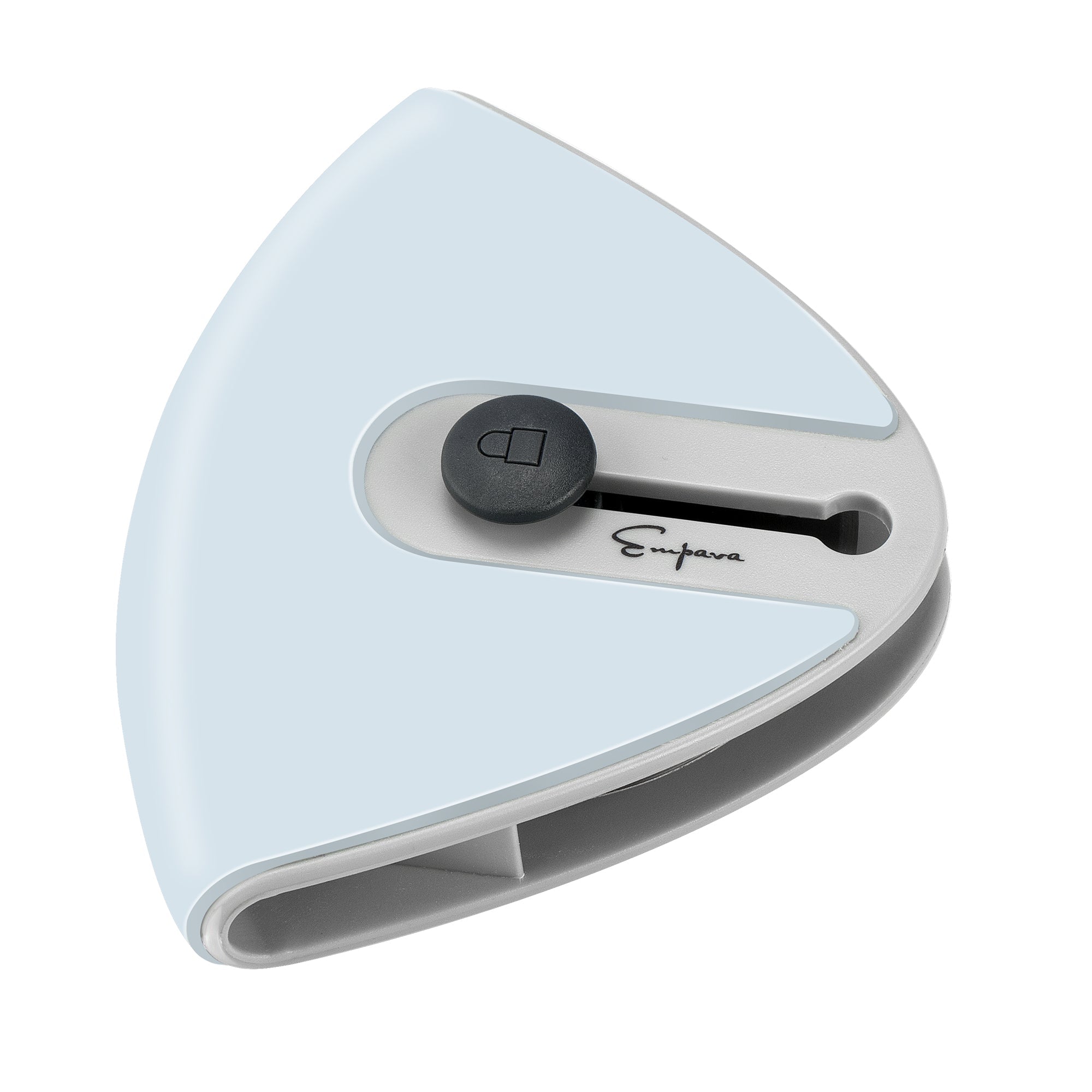 A sleek, triangular plastic device in white and light blue features a sliding button with a lock icon on top and an opening near the base. The brand name, Enpura, is printed in black text next to the button.