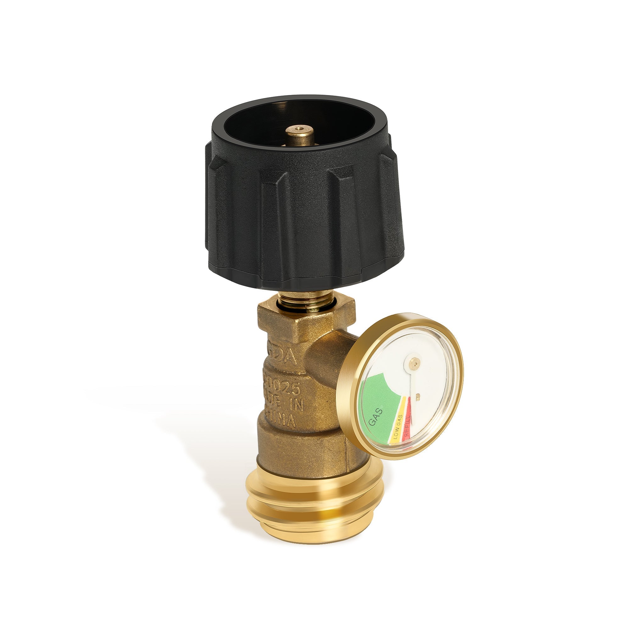 The Empava Gas Grill Gauge for 5-40lbs Propane Tank (model EMPV-50EH50) features a brass gas regulator valve with a black plastic knob on top. On the side, there is an attached round pressure gauge that displays varying pressure levels via a green, yellow, and red color scale. The regulator also includes a threaded connector at the bottom.