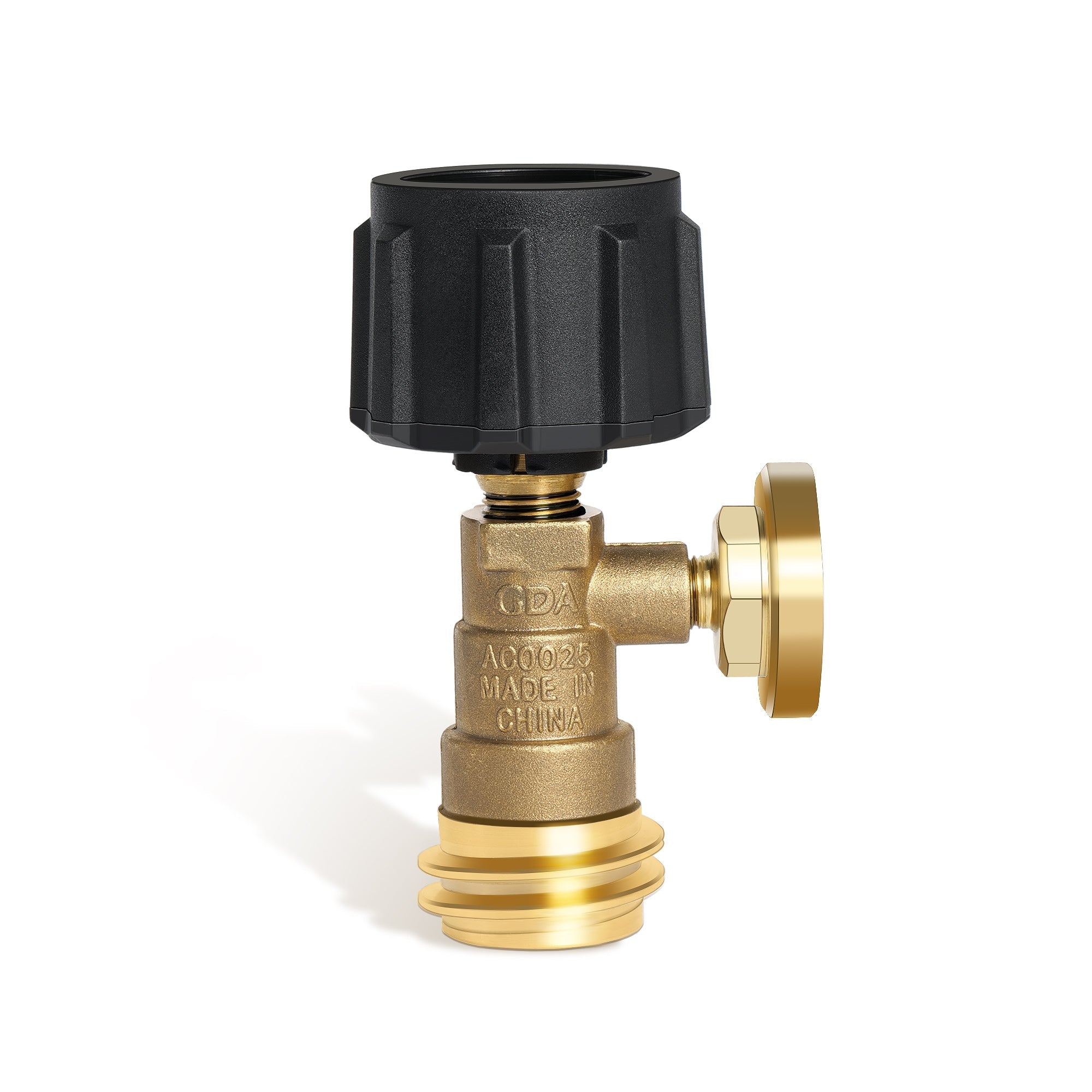 The Empava Gas Grill Gauge for 5-40lbs Propane Tank EMPV-50EH50 features a brass gas regulator valve with a black plastic handle on top and a small brass knob on the side for adjusting pressure. The valve is labeled with "AC0025" and "Made in China." The base of the valve has threading for attachment.