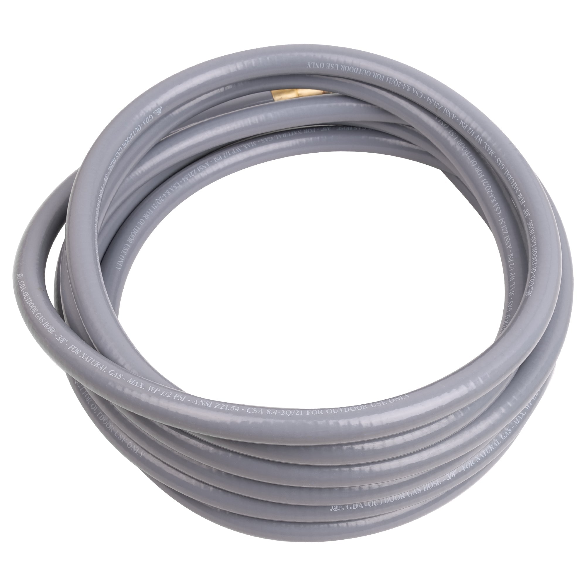 A neatly rolled length of Empava 15 FT 3/8" ID Gas Quick Connect Hose Kit EMPV-150EH45, made from flexible grey PVC with printed specifications along its clean surface.