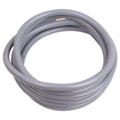 A neatly rolled length of Empava 15 FT 3/8" ID Gas Quick Connect Hose Kit EMPV-150EH45, made from flexible grey PVC with printed specifications along its clean surface.