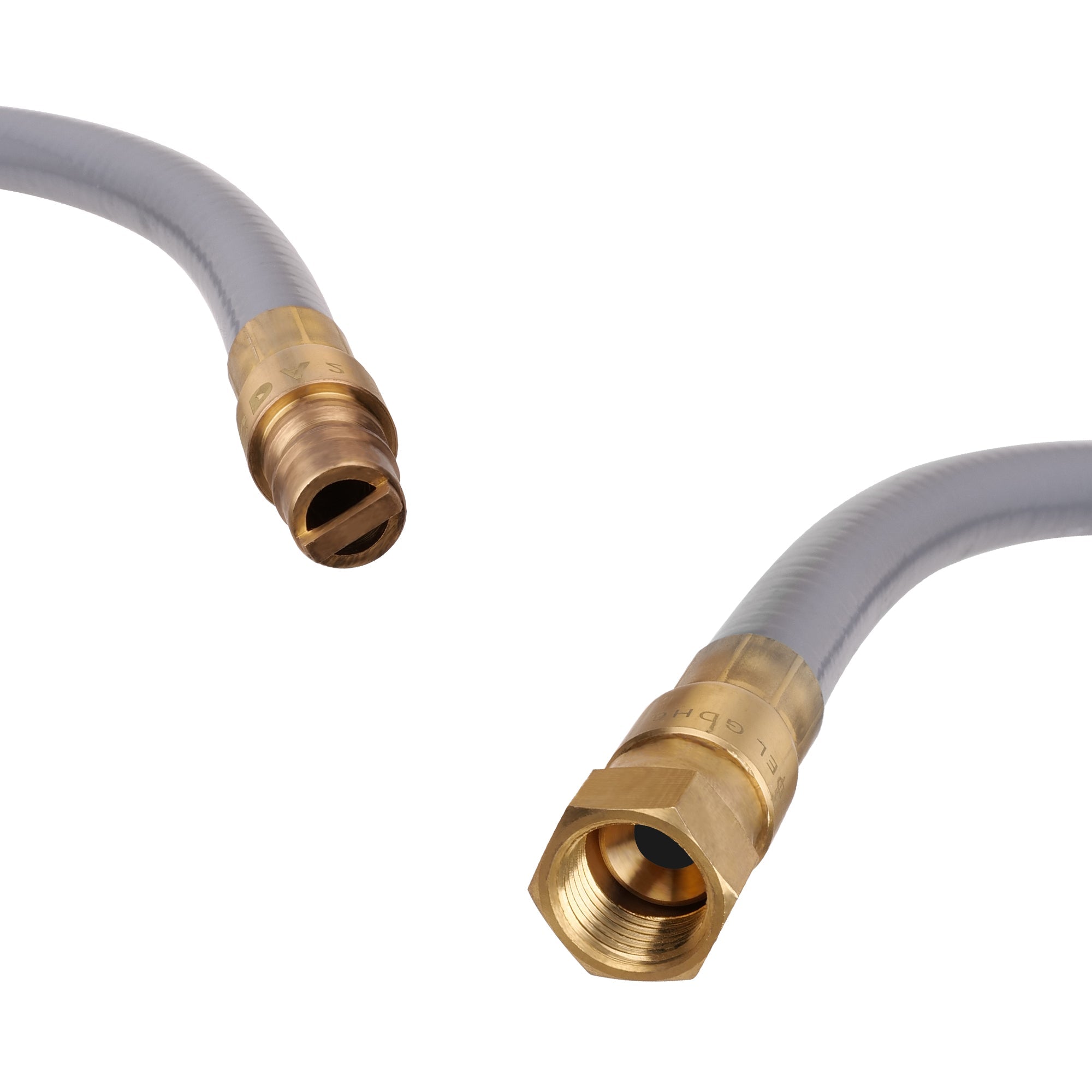 The Empava 15 FT 3/8" ID Gas Quick Connect Hose Kit EMPV-150EH45 is a versatile hose with two distinct ends. The left end features a barbed fitting, while the right end has a hexagonal nut fitting. Both fittings are made of durable brass, and the semi-transparent hose itself is reinforced for added strength and durability.