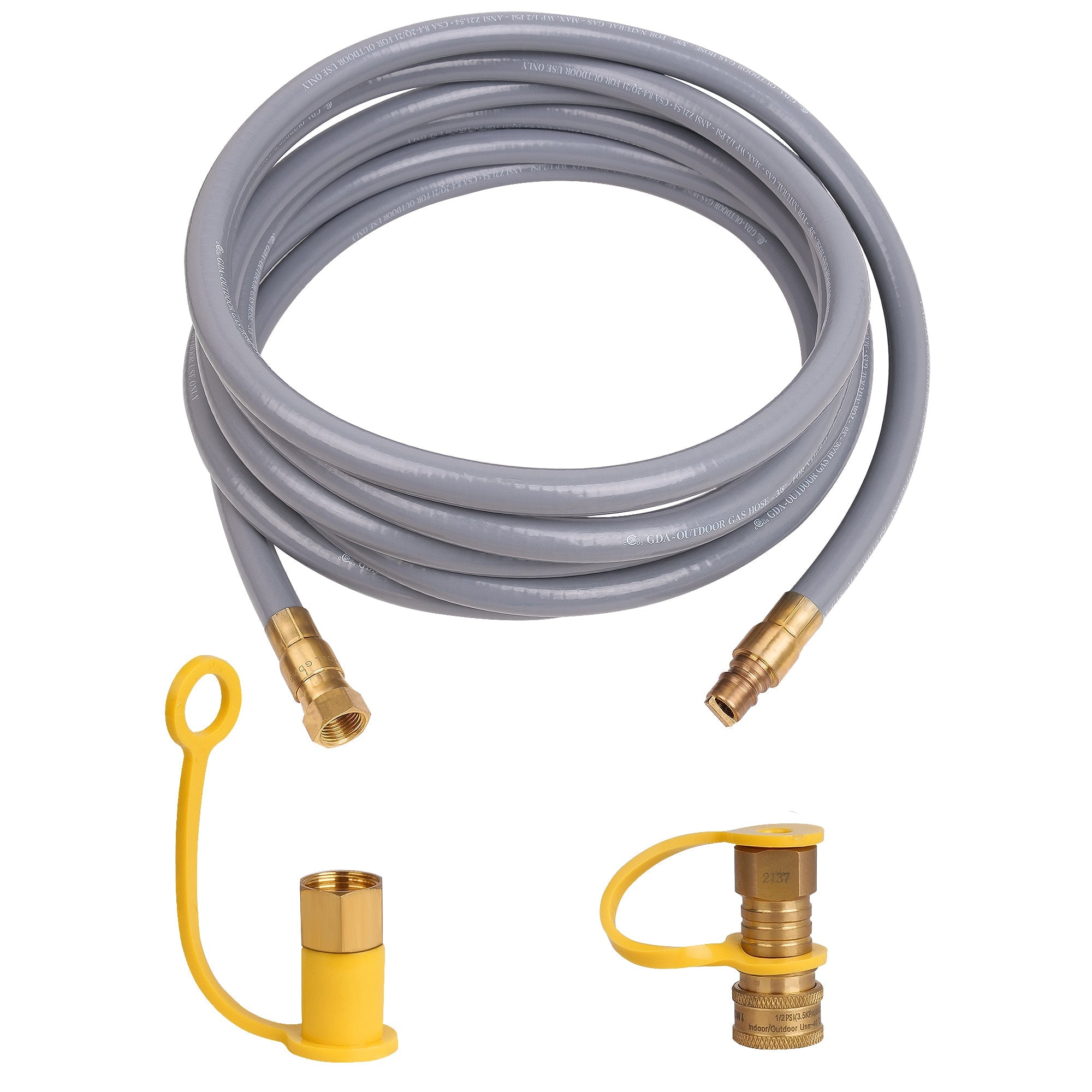 The Empava 15 FT 3/8" ID Gas Quick Connect Hose Kit EMPV-150EH45 features a coiled gray hose with brass connectors on both ends. Accompanying the hose are two individual brass fittings, each equipped with a yellow cap attached by a short loop, designed for secure connections with the hose.