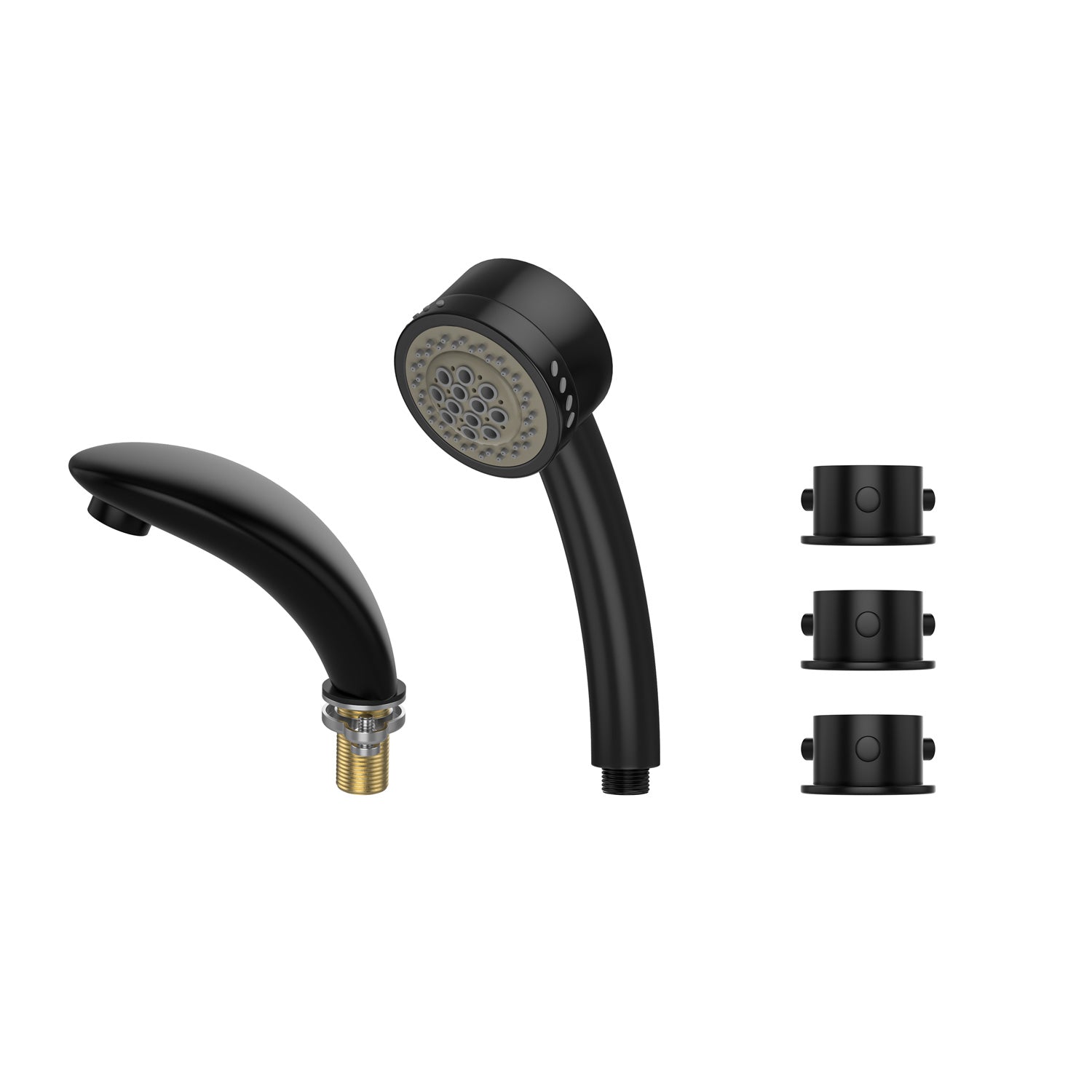 Image of the Empava Bathtub Faucet Fixtures For EMPV-67JT351LED Whirlpool Waterfall Tub in glossy black. The set includes the faucet, a connecting hose, and three mounting brackets for installation, all featuring a sleek black finish with some metallic accents.