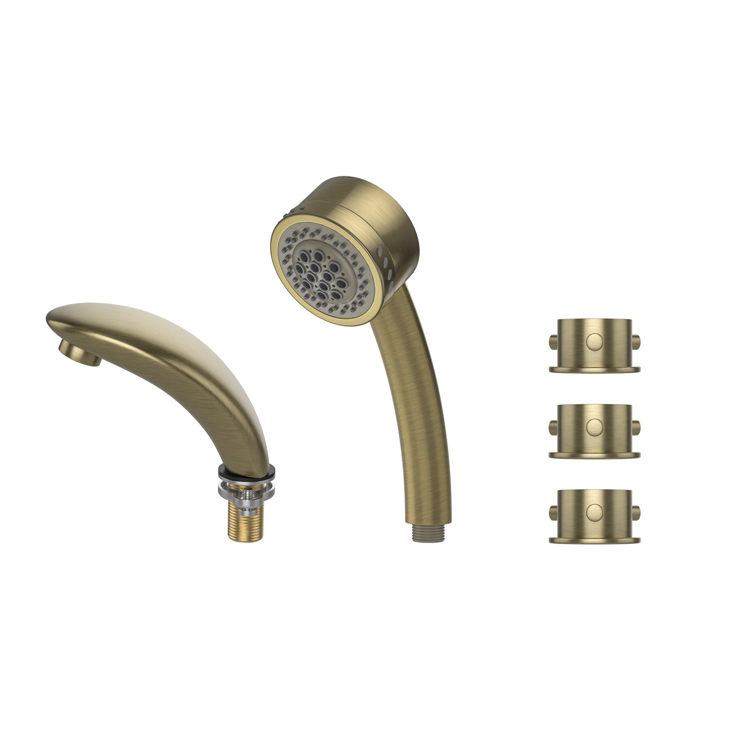 A set of Bathtub Faucet Fixtures for EMPV-67JT351LED Whirlpool Waterfall Tub in a bronze finish, including a handheld shower head, a fixed curved spout, and three wall mounting brackets. The handheld shower head features multiple spray nozzles for a customizable experience.