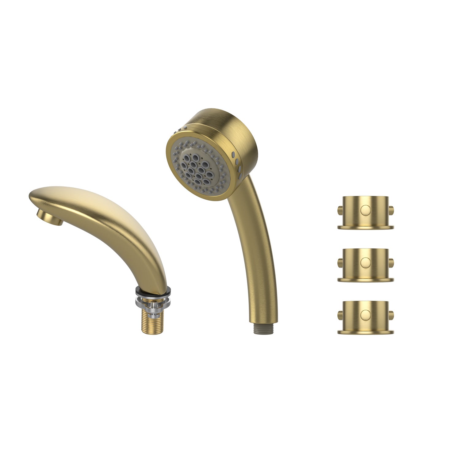 Image of a brushed gold Empava handheld showerhead and accompanying plumbing connectors. The set includes a Bathtub Faucet Fixture for the EMPV-67JT351LED Whirlpool Waterfall Tub with multiple spray settings, a matching wall-mounted holder, and three circular mounting brackets. The design is modern and sleek.