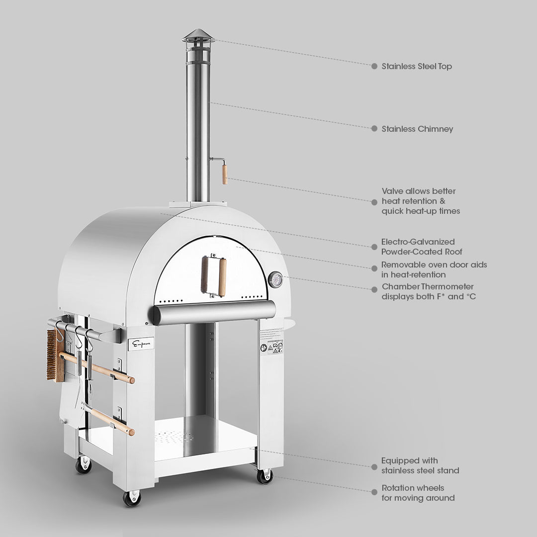 The Empava Outdoor Wood Fired Pizza Oven is a metal outdoor pizza oven that features a stainless steel top and chimney, a heat-retention valve, an electro-galvanized powder-coated roof, a removable oven door, and a chamber thermometer displaying both °F and °C. It also includes a stainless steel stand and wheels for mobility. Enjoy wood-smoked flavor with this all-in-one oven kit.