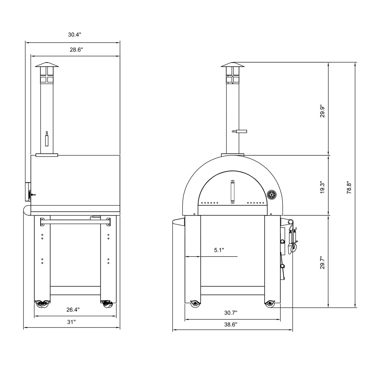 Technical drawing of the Empava Outdoor Wood Fired Pizza Oven, showing front and side views with dimensions. The all-in-one oven kit features a chimney, an oven door, and wheels for mobility. Key dimensions include 30.4" width, 78.5" height, and 38.6" depth for that perfect wood-smoked flavor in your pizzas.