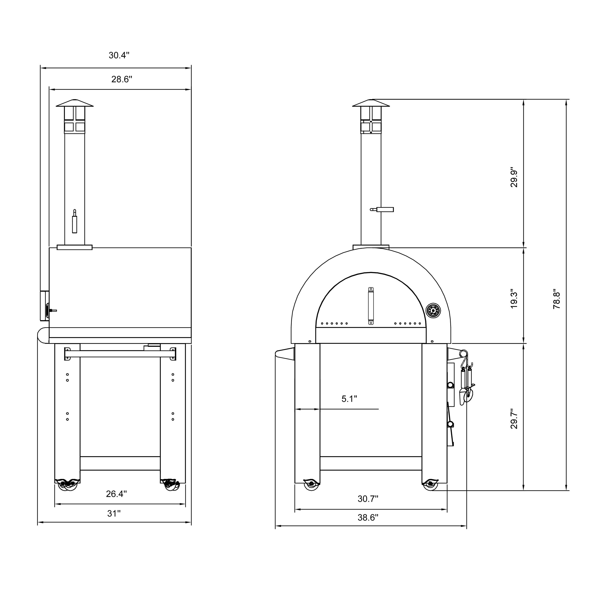 Technical drawing of the Empava Outdoor Wood Fired Pizza Oven, showing front and side views with dimensions. The all-in-one oven kit features a chimney, an oven door, and wheels for mobility. Key dimensions include 30.4" width, 78.5" height, and 38.6" depth for that perfect wood-smoked flavor in your pizzas.