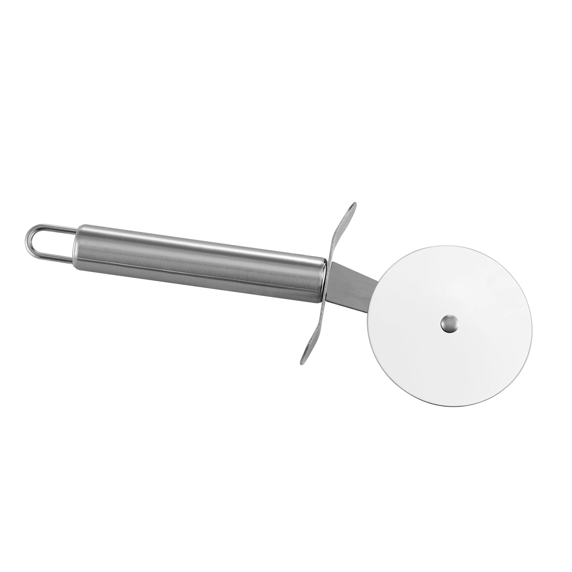 A stainless steel pizza cutter with a circular blade and a looped handle is positioned diagonally against a white background. The cutter's handle is on the left, while the sharp, round blade is on the right, with a metal guard in between—a perfect companion for your Empava Outdoor Wood Fired Pizza Oven.