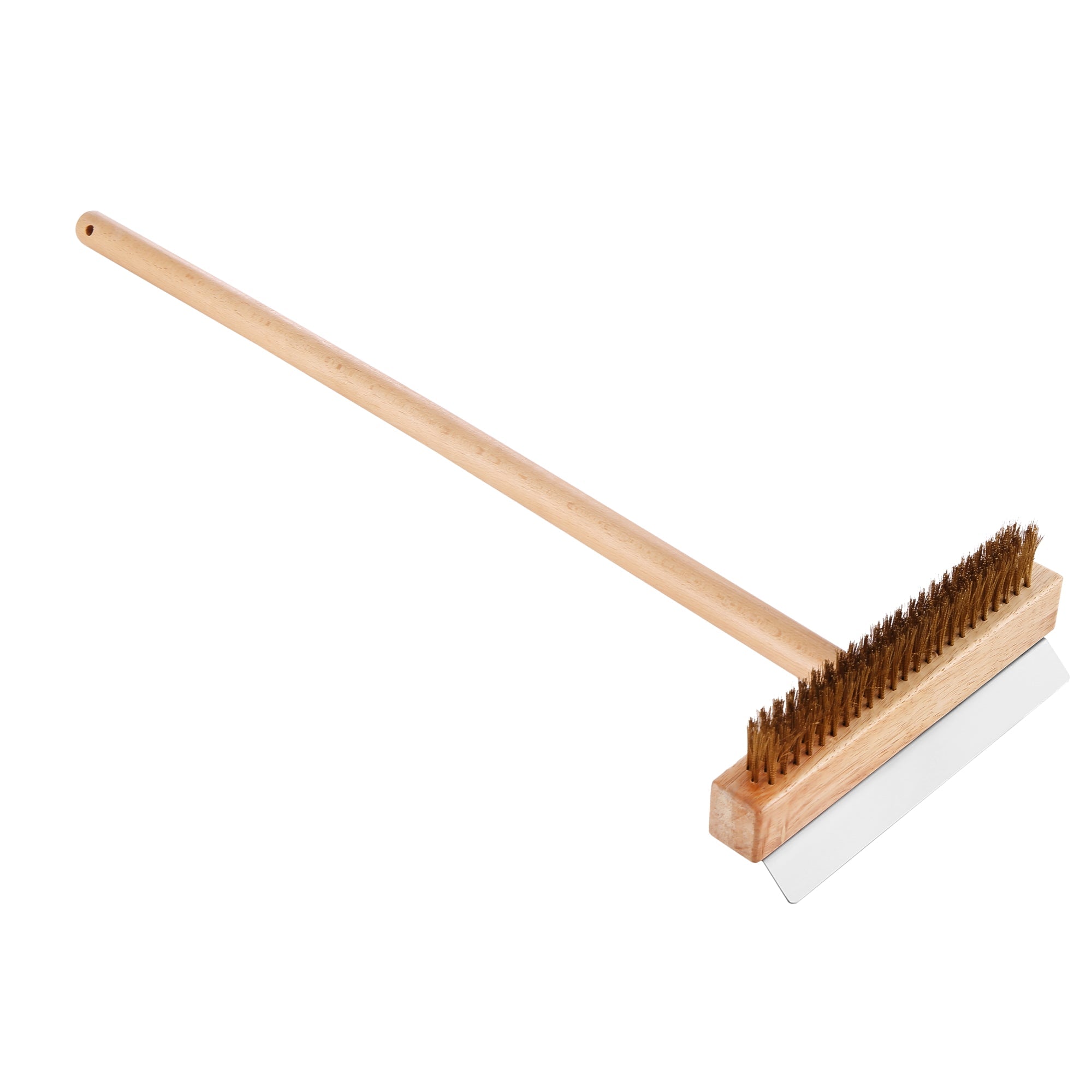 A long-handled wooden grill brush with brass bristles and a metal scraper attached to the back of the brush head. Perfectly suited for cleaning barbecue grills, it's an essential tool for maintaining your Empava Outdoor Wood Fired Pizza Oven and enhancing that wood-smoked flavor.