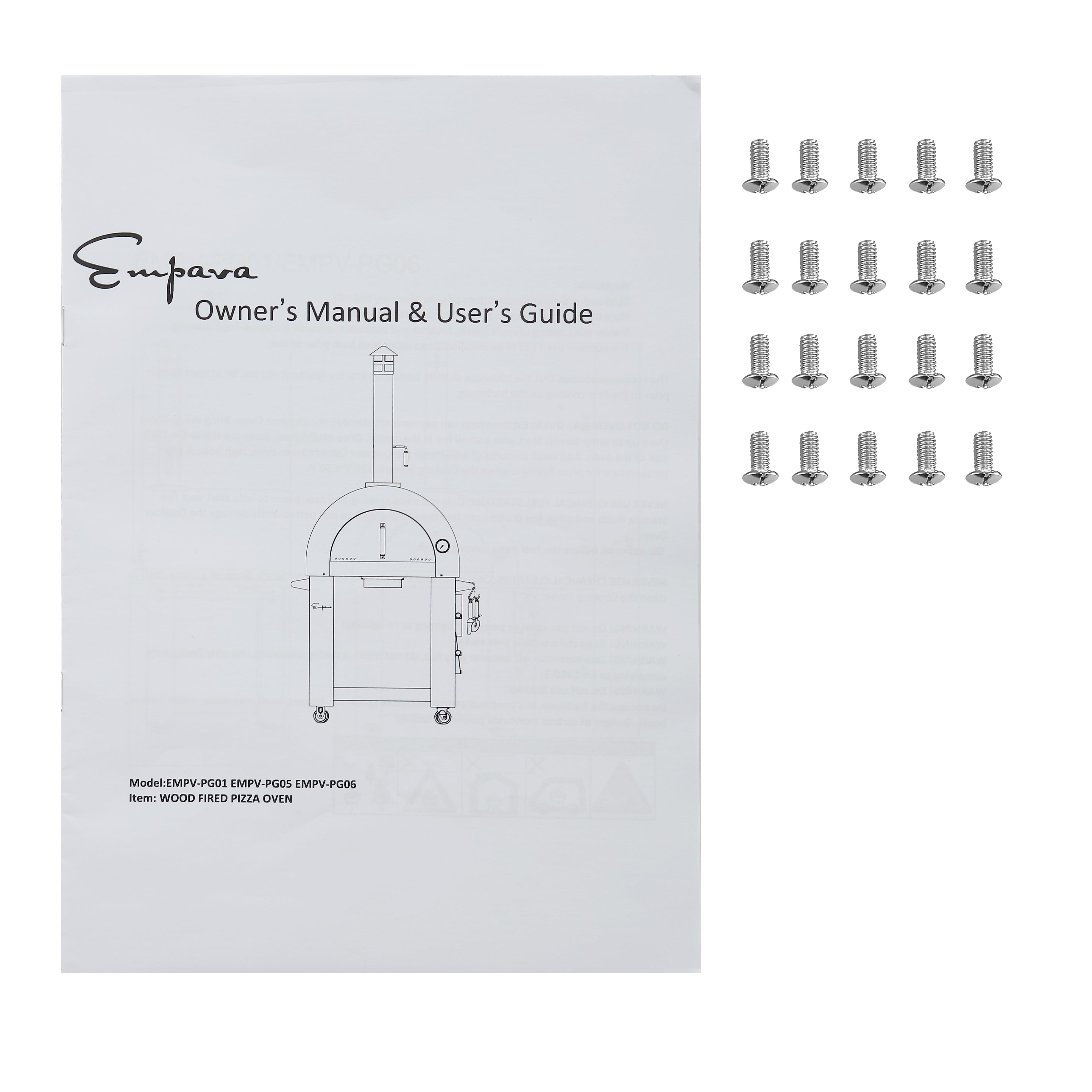 Image showcasing the Owner’s Manual & User’s Guide for the Empava Outdoor Wood Fired Pizza Oven, an All-in-One Oven Kit promising authentic wood-smoked flavor. Alongside the manual, twenty screws are neatly arranged in four rows of five, and the cover features a simple line drawing of the pizza oven.