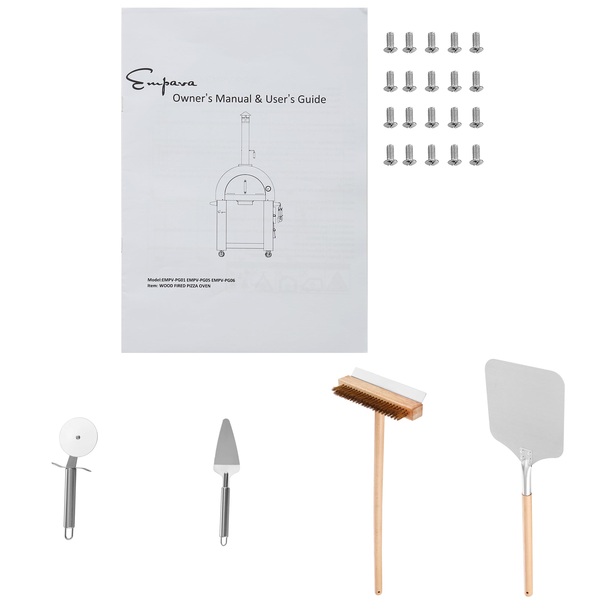 Image showing the Empava Outdoor Wood Fired Pizza Oven owner's manual and user guide. Surrounding it are multiple bolts, a pizza cutter, a serving tool, a cleaning brush with a wooden handle, and a metal pizza peel—everything you need to achieve that perfect wood-smoked flavor.