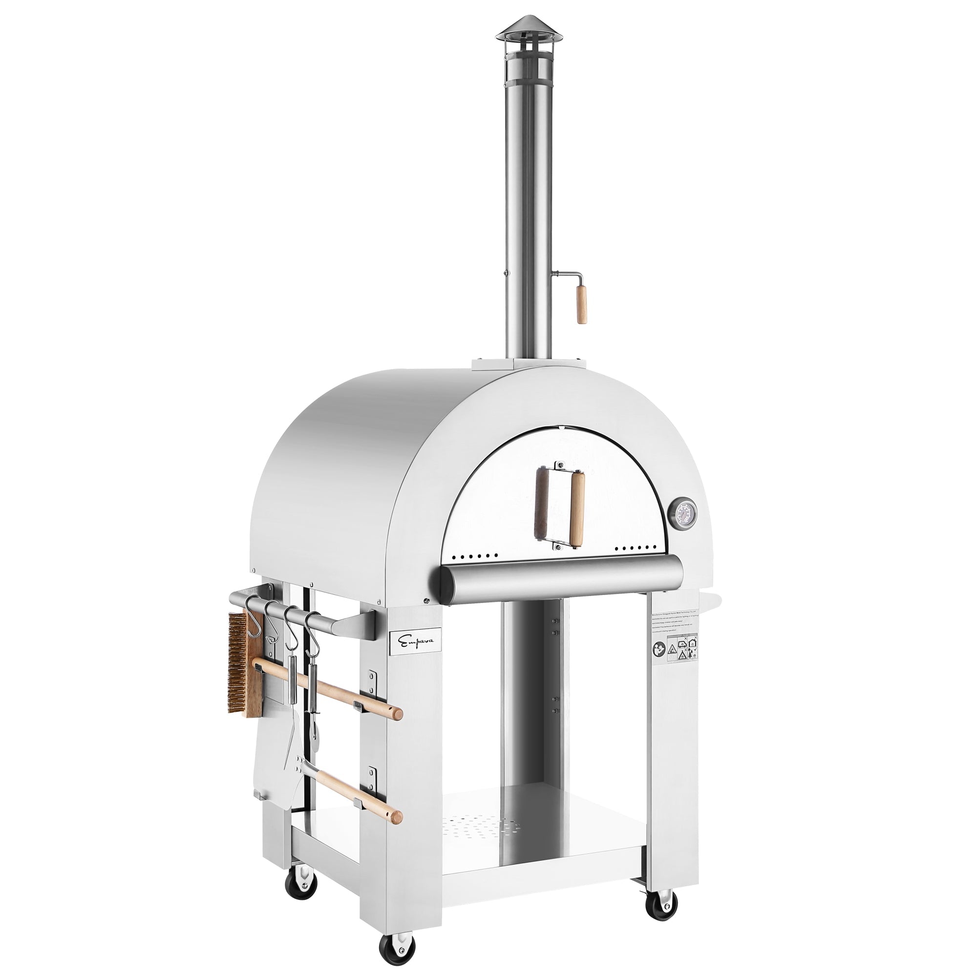 The Empava Outdoor Wood Fired Pizza Oven boasts a stainless steel construction with a chimney and a dome-shaped top. It comes equipped with a built-in thermometer, four wheels for easy mobility, and various tools hanging on the sides, including a brush, peel, and spatula. This All-in-One Oven Kit guarantees you’ll achieve that perfect wood-smoked flavor every time.