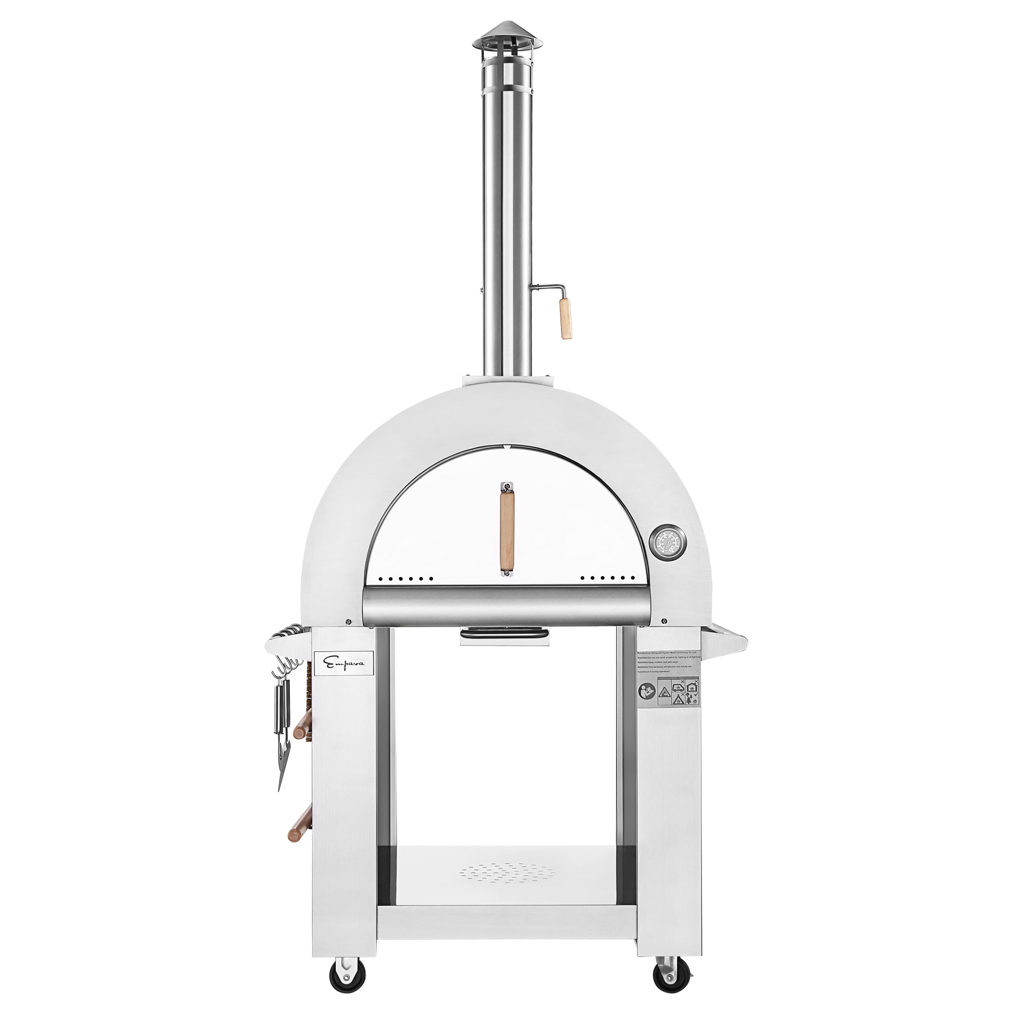 The Empava Outdoor Wood Fired Pizza Oven is a silver all-in-one oven kit with a domed top, chimney, and temperature gauge. This outdoor wood-fired pizza oven stands on four wheels, includes a handle and shelf below, and features multiple hooks on the side for holding cooking tools to achieve that perfect wood-smoked flavor.