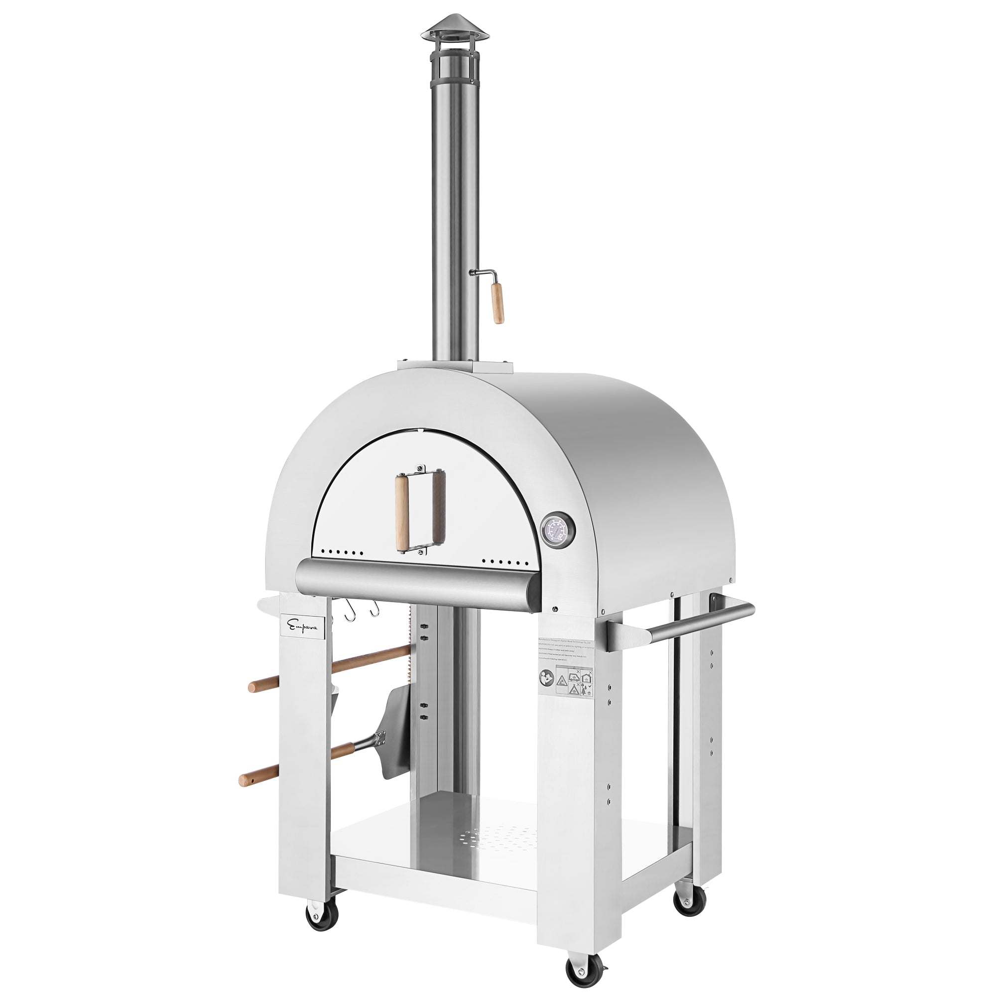 The Empava Outdoor Wood Fired Pizza Oven is a silver, all-in-one outdoor pizza oven with a domed top, chimney, temperature gauge, and wooden handles. It includes a front-opening door, two shelves for tools, and sits on four wheels for easy mobility. A pizza peel and brush conveniently hang on the side, perfect for achieving that wood-smoked flavor.