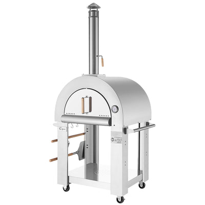 The Empava Outdoor Wood Fired Pizza Oven is a silver, all-in-one outdoor pizza oven with a domed top, chimney, temperature gauge, and wooden handles. It includes a front-opening door, two shelves for tools, and sits on four wheels for easy mobility. A pizza peel and brush conveniently hang on the side, perfect for achieving that wood-smoked flavor.