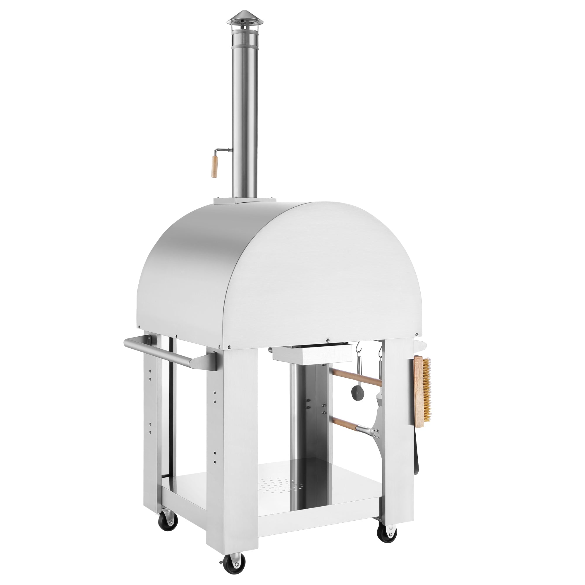 The Empava Outdoor Wood Fired Pizza Oven is a stainless steel outdoor pizza oven on wheels, featuring a domed top with a chimney and a wood handle on the oven door. This oven, part of an All-in-One Oven Kit, includes a storage shelf below and a side holder with hanging utensils and a cleaning brush to achieve that perfect wood-smoked flavor.