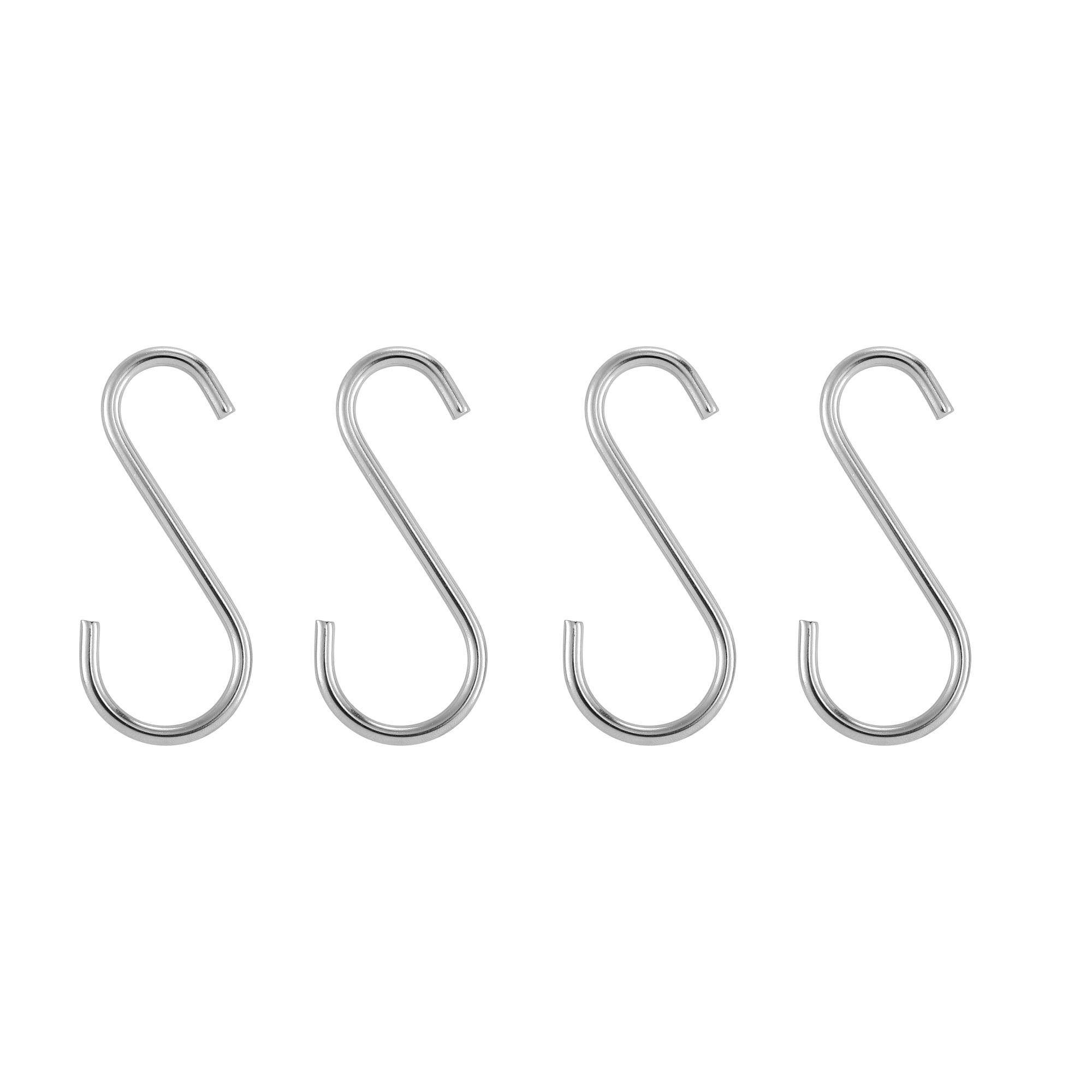 Four metallic S-shaped hooks are arranged in a row on a white background. Each hook features a curved design with both ends open for hanging items. They are uniformly sized and made of shiny metal, similar to the accessories you’d find in an Empava Outdoor Wood Fired Pizza Oven setup.