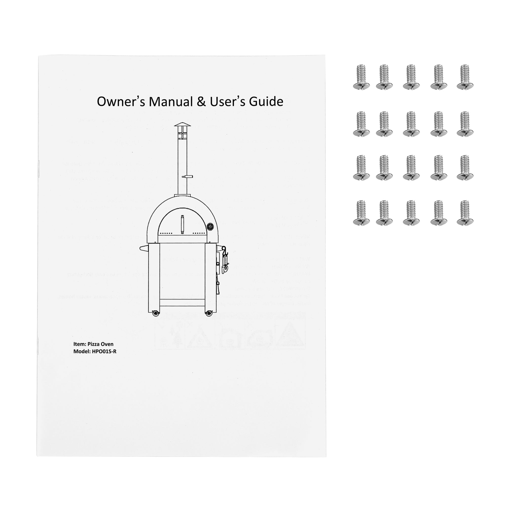 A white manual titled "Owner's Manual & User's Guide," featuring an image of the Empava Outdoor Wood Fired Pizza Oven and its all-in-one oven kit on the cover, is laid next to nineteen metal screws arranged in a grid pattern on a white background. The manual specifies "Item: Pizza Oven Model: HPO655-A".