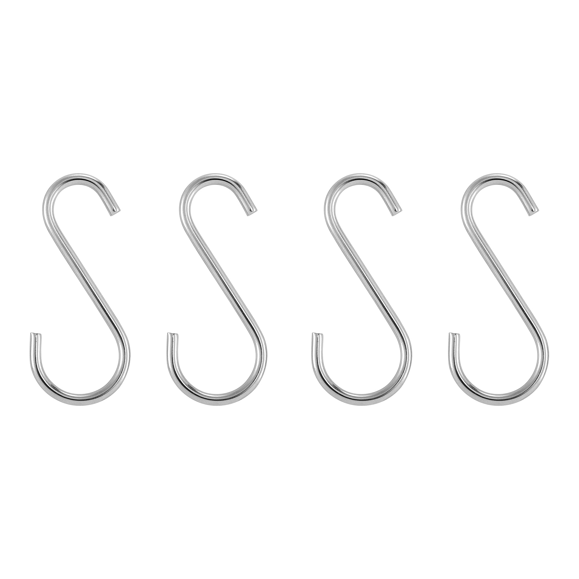 Four identical silver S-shaped hooks are evenly spaced in a straight horizontal line against a plain white background, reminiscent of the precision you'd find in an Empava Outdoor Wood Fired Pizza Oven.