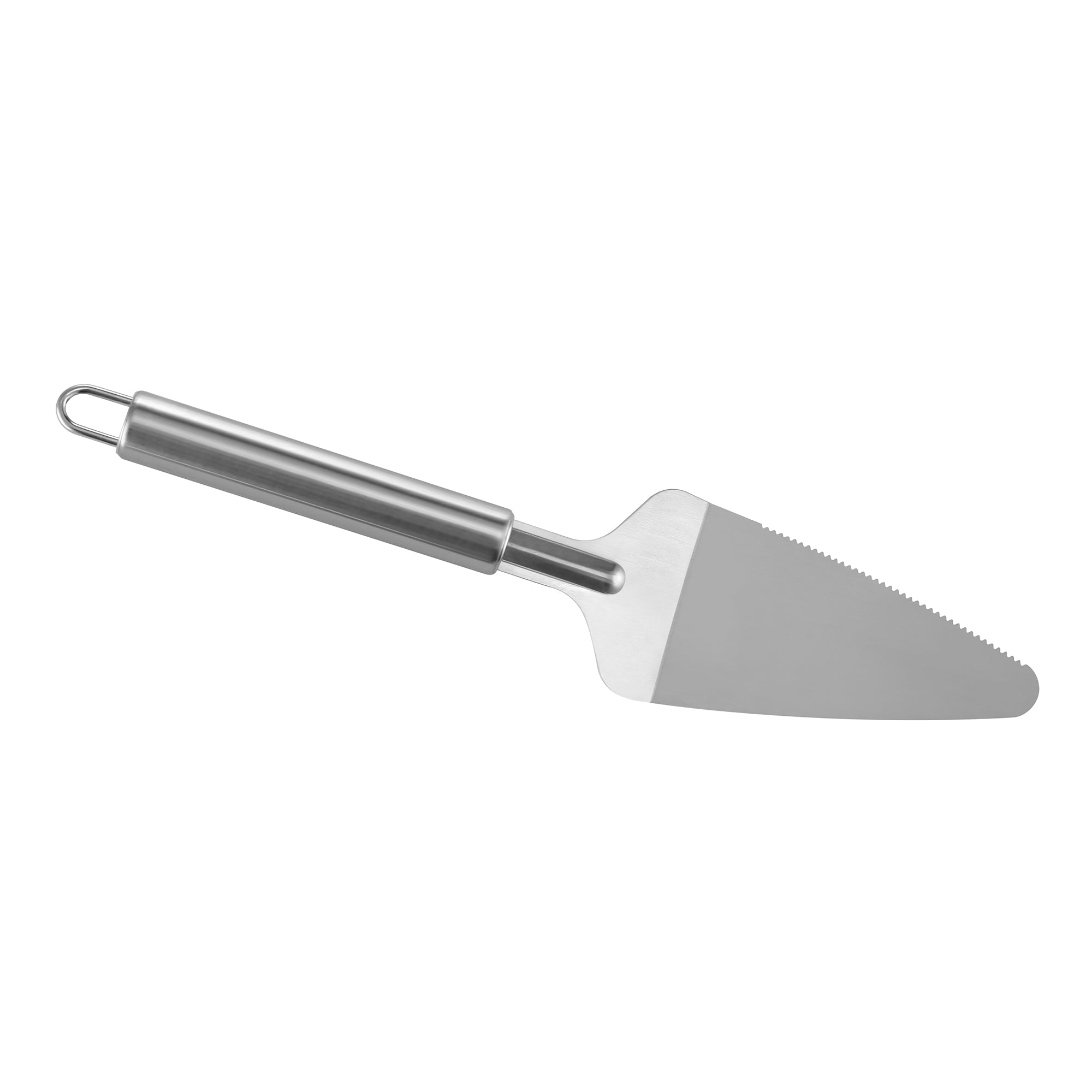 A stainless steel cake server with a sleek, metallic finish featuring a flat, triangular blade with a serrated edge on one side for cutting and serving slices of cake or pie. Ideal for use with the Empava Outdoor Wood Fired Pizza Oven, the server has a cylindrical handle with a loop at the end for easy hanging.